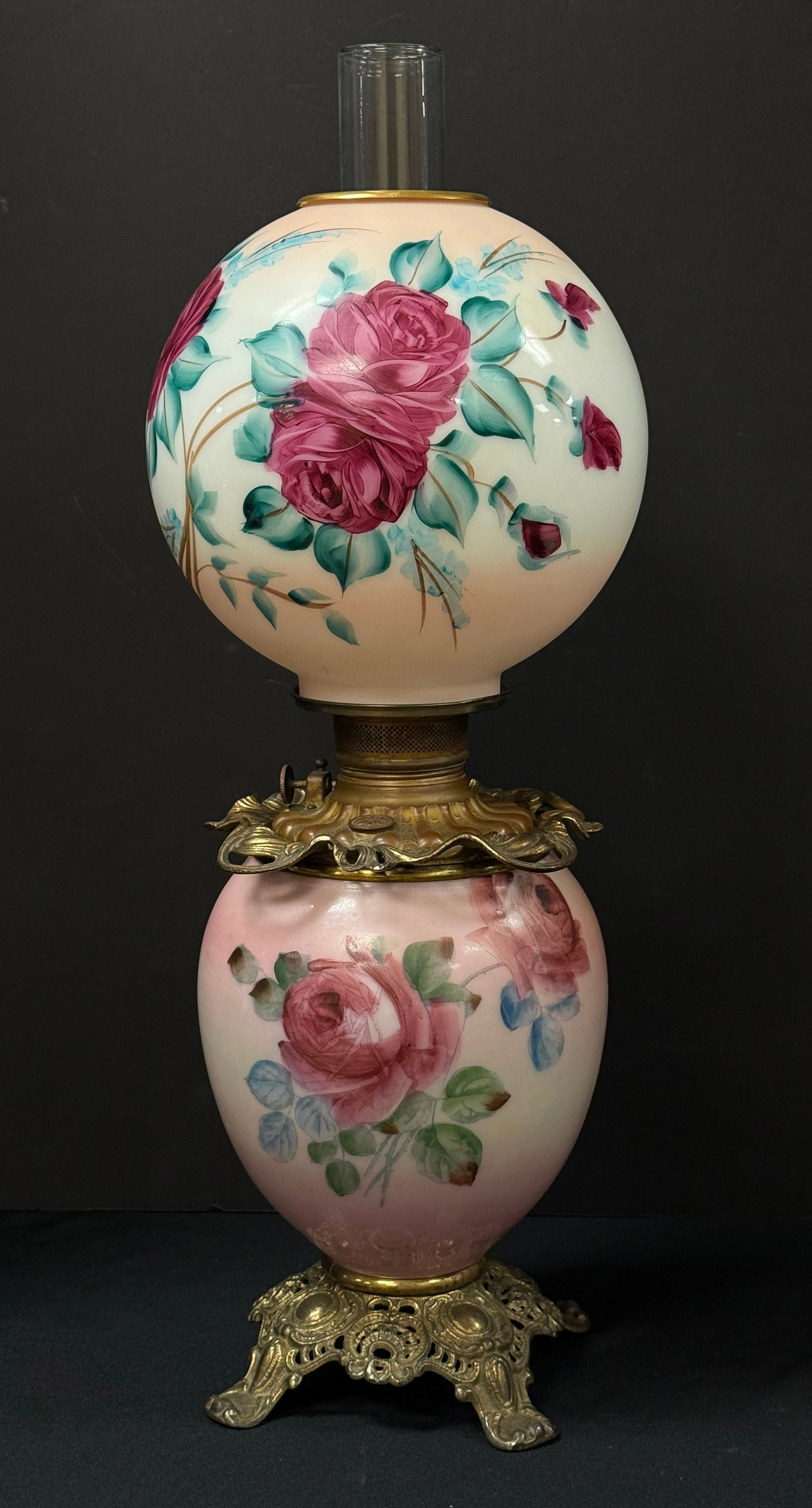 Gone with the Wind Lamp: Gone with the Wind glass lamp with roses, 26" ht. CONDITION: no chips, cracks, repairs, or material defects found, Jaremos attempts to call any material flaw that affects the price, but minor scratche