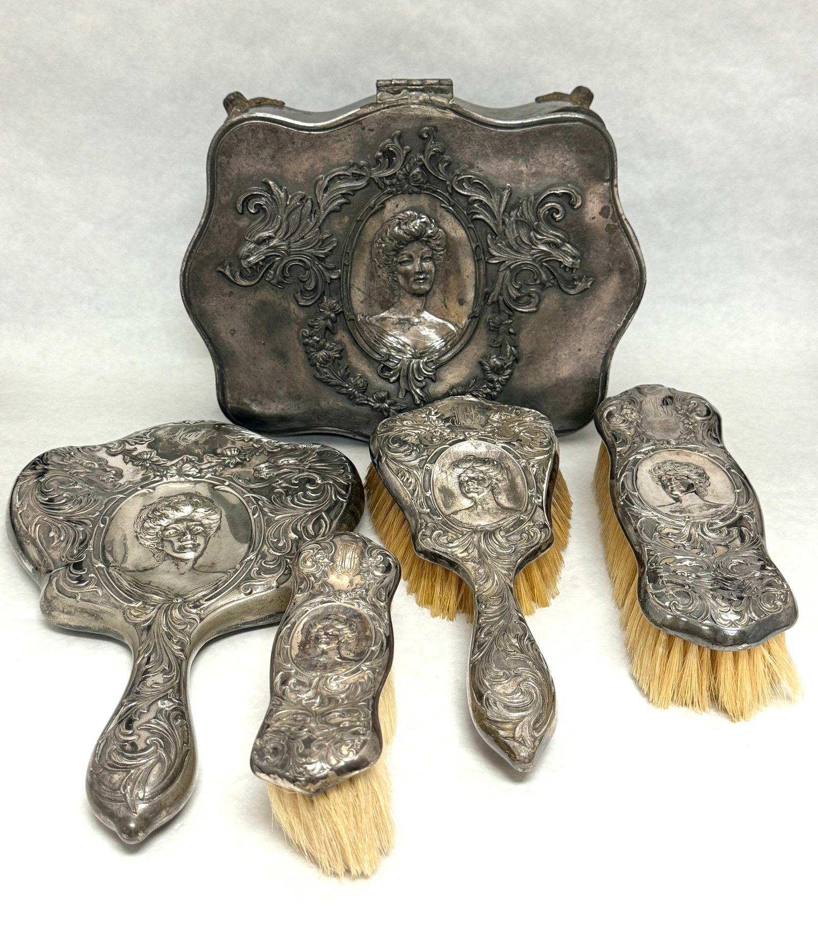 Silver Plate Dresser Set: Silver plate dresser set, box 8 1/2" wide. CONDITION: no chips, cracks, repairs, or material defects found, Jaremos attempts to call any material flaw that affects the price, but minor scratches and