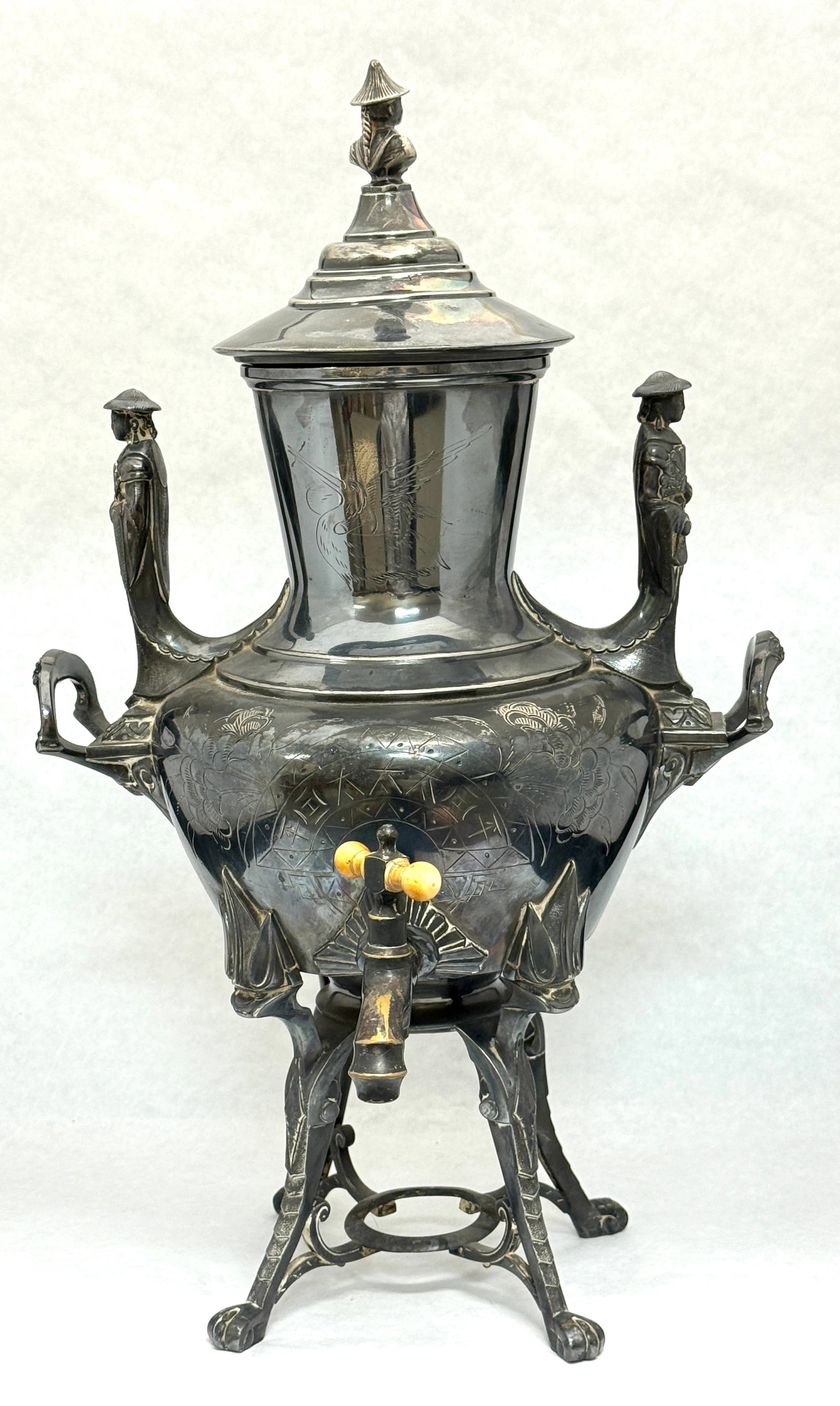 Large Coffee Urn: Large coffee urn, 18" ht. CONDITION: no chips, cracks, repairs, or material defects found, Jaremos attempts to call any material flaw that affects the price, but minor scratches and color variances