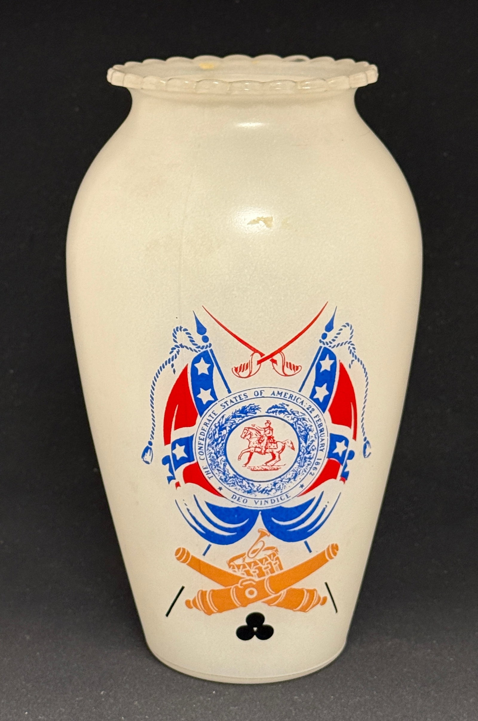Civil War Centennial Glass Vase: Civil War Centennial glass vase, 9" ht. CONDITION: no chips, cracks, repairs, or material defects found, Jaremos attempts to call any material flaw that affects the price, but minor scratches and colo