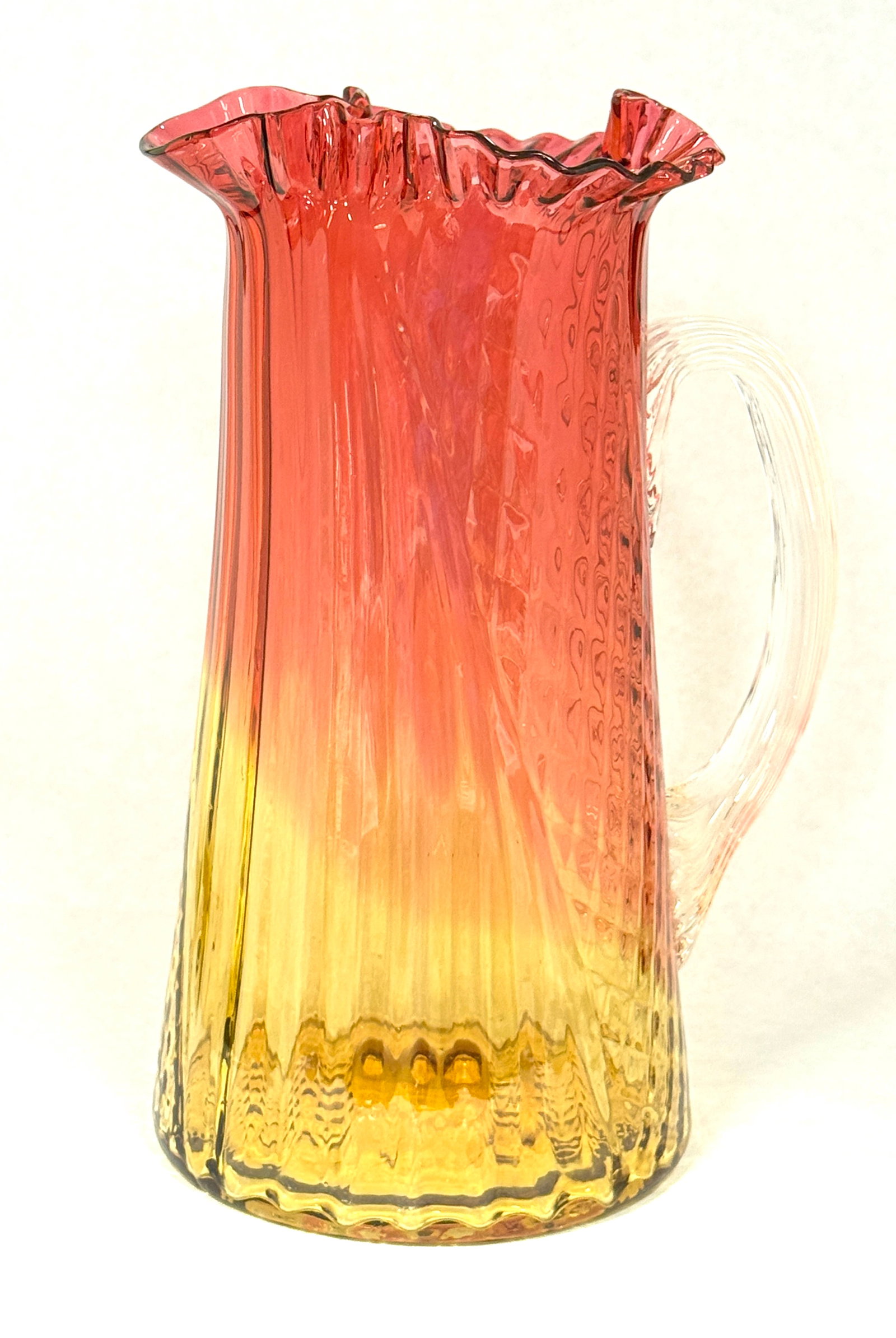 Amberina Rib & Diamond Tankard: Amberina diagonal rib and diamond tankard; ht. 10 1/2". CONDITION: no chips, cracks, repairs, or material defects found, Jaremos attempts to call any material flaw that affects the price, but minor