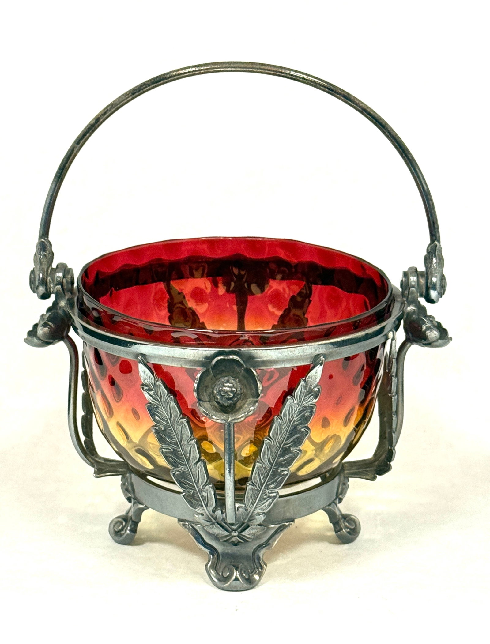 Amberina Optic Diamond Bowl: Amberina optic diamond nut bowl in holder; diameter 6". CONDITION: no chips, cracks, repairs, or material defects found, Jaremos attempts to call any material flaw that affects the price, but minor