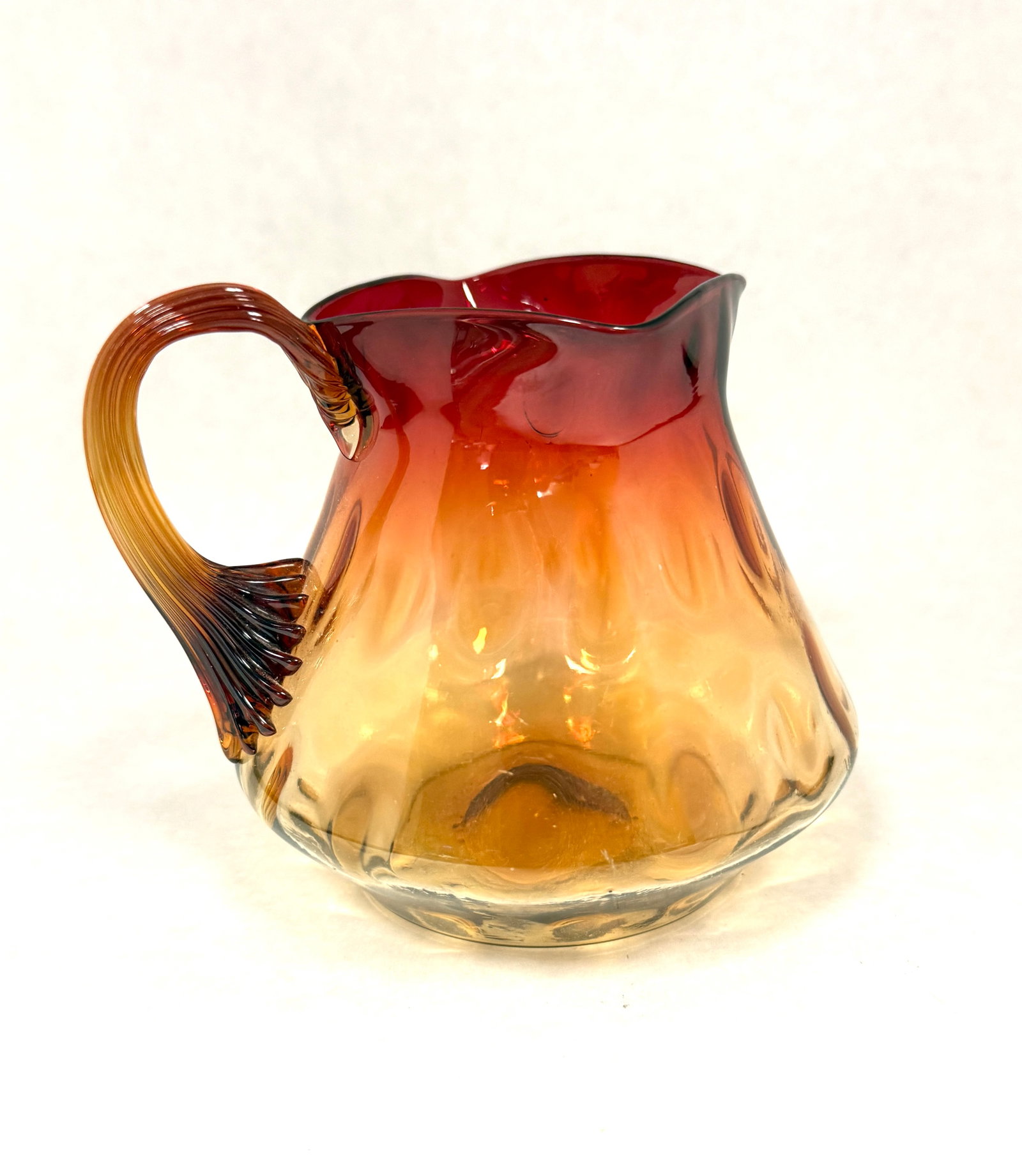 New England Amberina Creamer: New England Amberina coin spot creamer; ht. 4 1/2". CONDITION: no chips, cracks, repairs, or material defects found, Jaremos attempts to call any material flaw that affects the price, but minor
