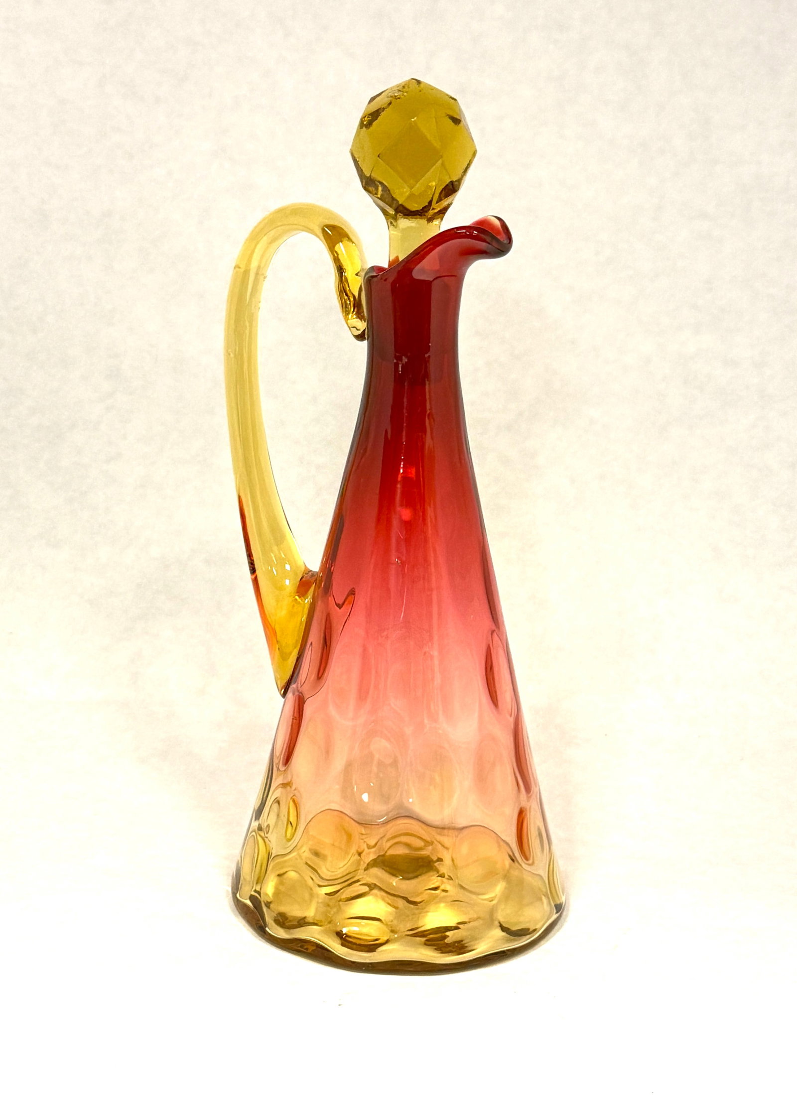 Amberina Tall Tepee Cruet: Amberina tall coin spot tepee cruet; ht. 8 1/2". CONDITION: no chips, cracks, repairs, or material defects found, Jaremos attempts to call any material flaw that affects the price, but minor