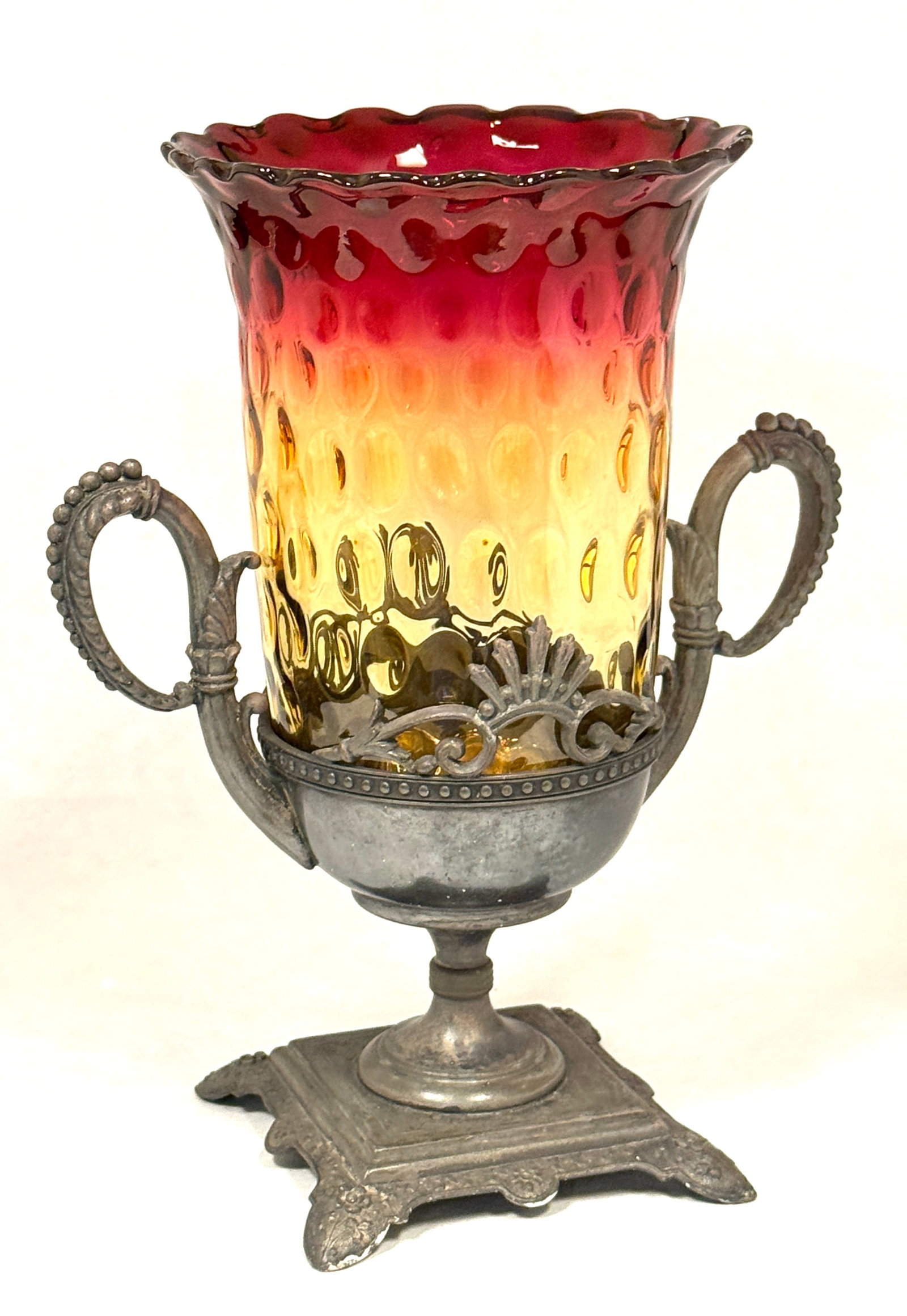 Amberina Thumbprint Celery: Amberina thumbprint celery in a holder; ht. 8 1/2". CONDITION: no chips, cracks, repairs, or material defects found, Jaremos attempts to call any material flaw that affects the price, but minor