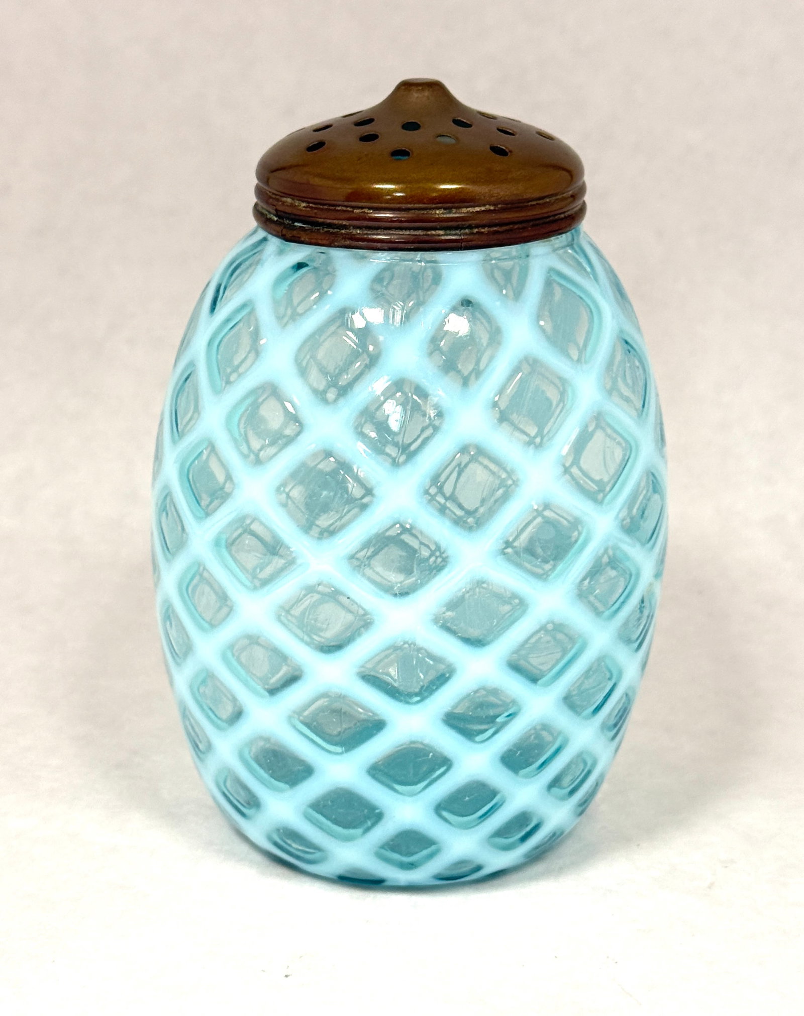 Hobbs Opalescent Shaker: Hobbs opalescent blue bubble lattice sugar shaker; ht. 5". CONDITION: no chips, cracks, repairs, or material defects found, Jaremos attempts to call any material flaw that affects the price, but