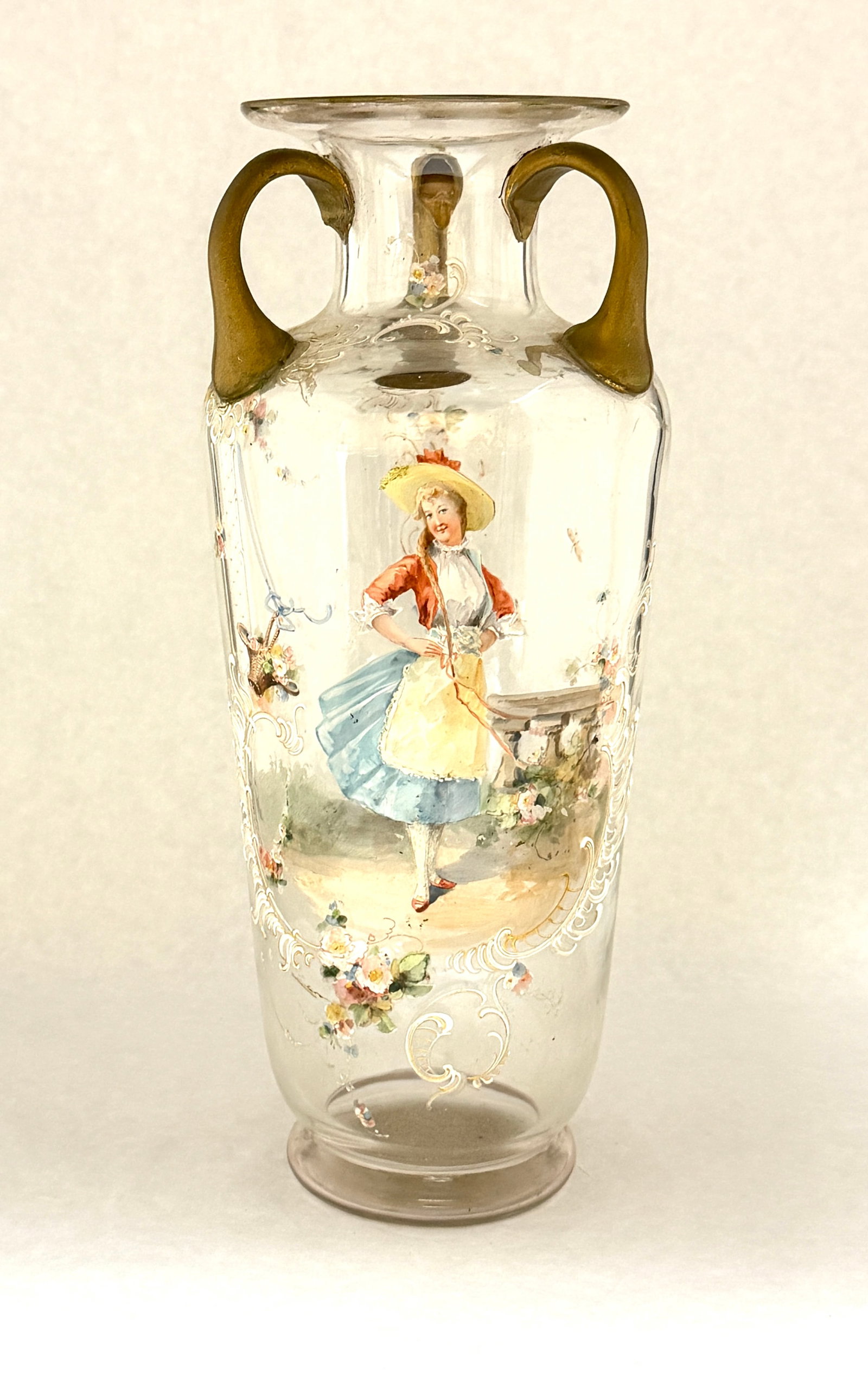 Victorian Enameled Vase: Victorian translucent vase with three gold handles decorated with a central medallion of a Victorian lady, 12 1/2" ht. CONDITION: no chips, cracks, repairs, or material defects found, Jaremos