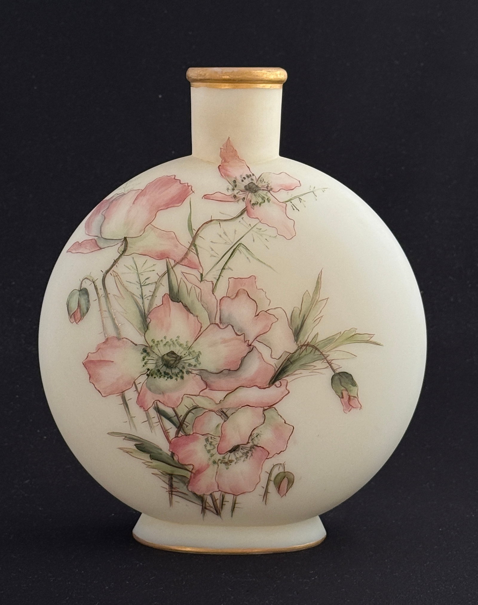 Smith Brothers Opal Glass Vase: Mt. Washington Smith Brothers flat sided opal glass vase decorated with large pink flowers and green foliage, 8 1/2" ht. CONDITION: no chips, cracks, repairs, or material defects found, Jaremos