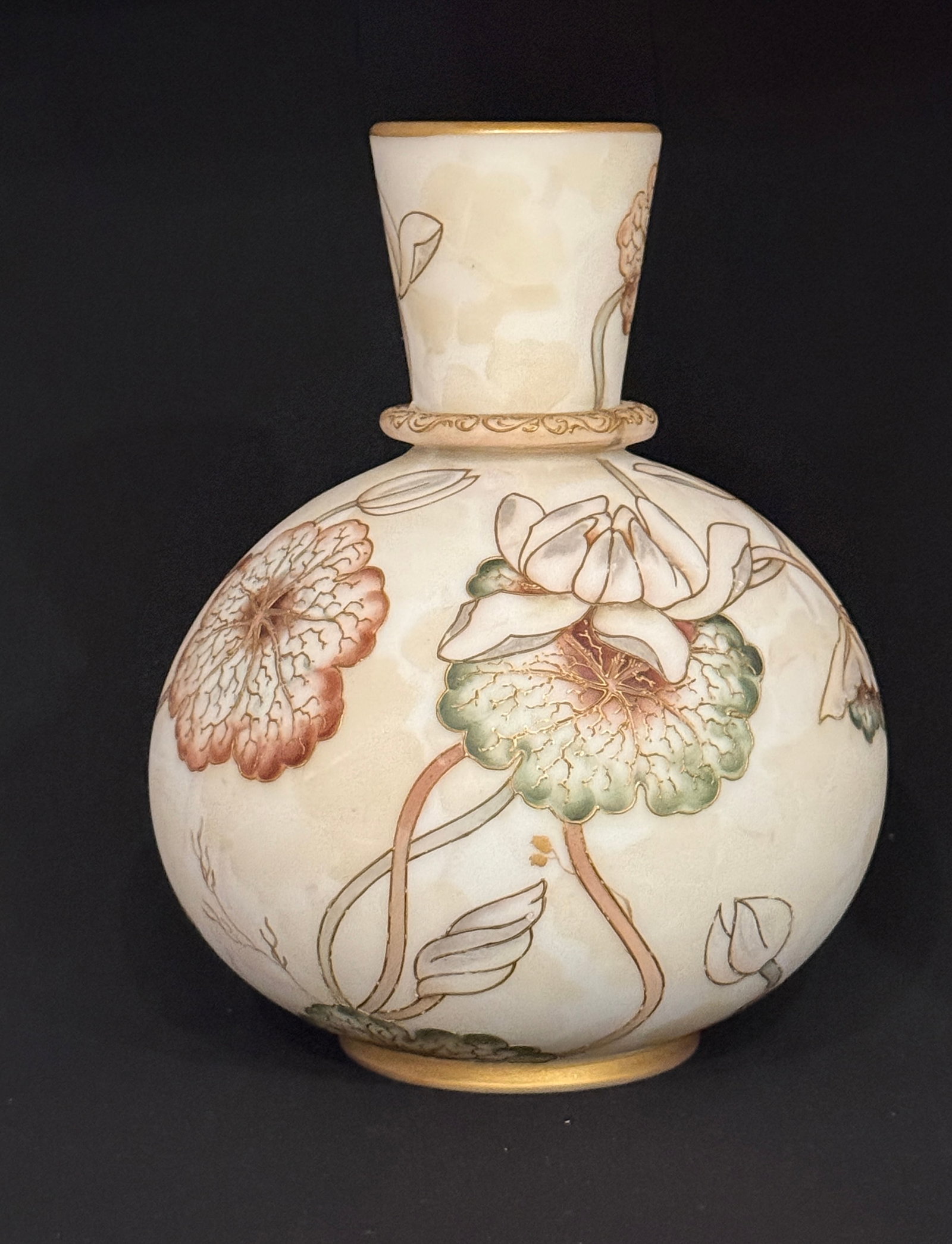 Mt. Washington Vase: Large Mt. Washington Crown Milano glass vase, ovoid ring neck form in cream colored glass decorated with green and red flowers on random leafy stems, 10 1/2" ht. CONDITION: no chips, cracks, repairs,