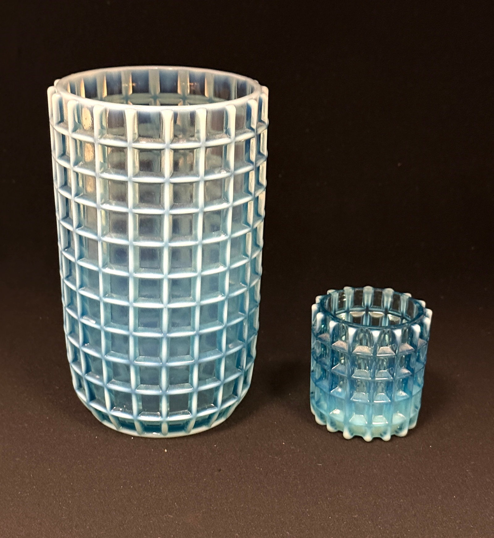 2 Opalescent Beatty Comb Items: 2 opalescent Beatty blue toothpick and celery; ht. 6 1/2". CONDITION: no chips, cracks, repairs, or material defects found, Jaremos attempts to call any material flaw that affects the price, but minor