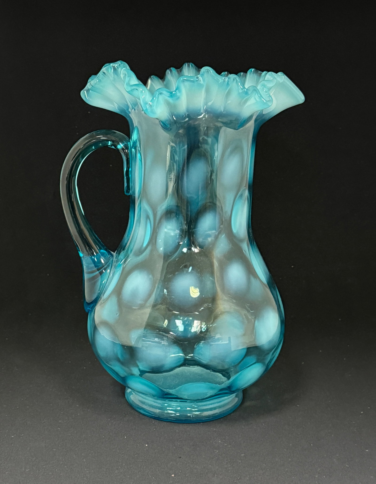 Opalescent Coin Spot Pitcher: Opalescent blue coin spot pitcher; ht. 10 5/8". CONDITION: no chips, cracks, repairs, or material defects found, Jaremos attempts to call any material flaw that affects the price, but minor scratches