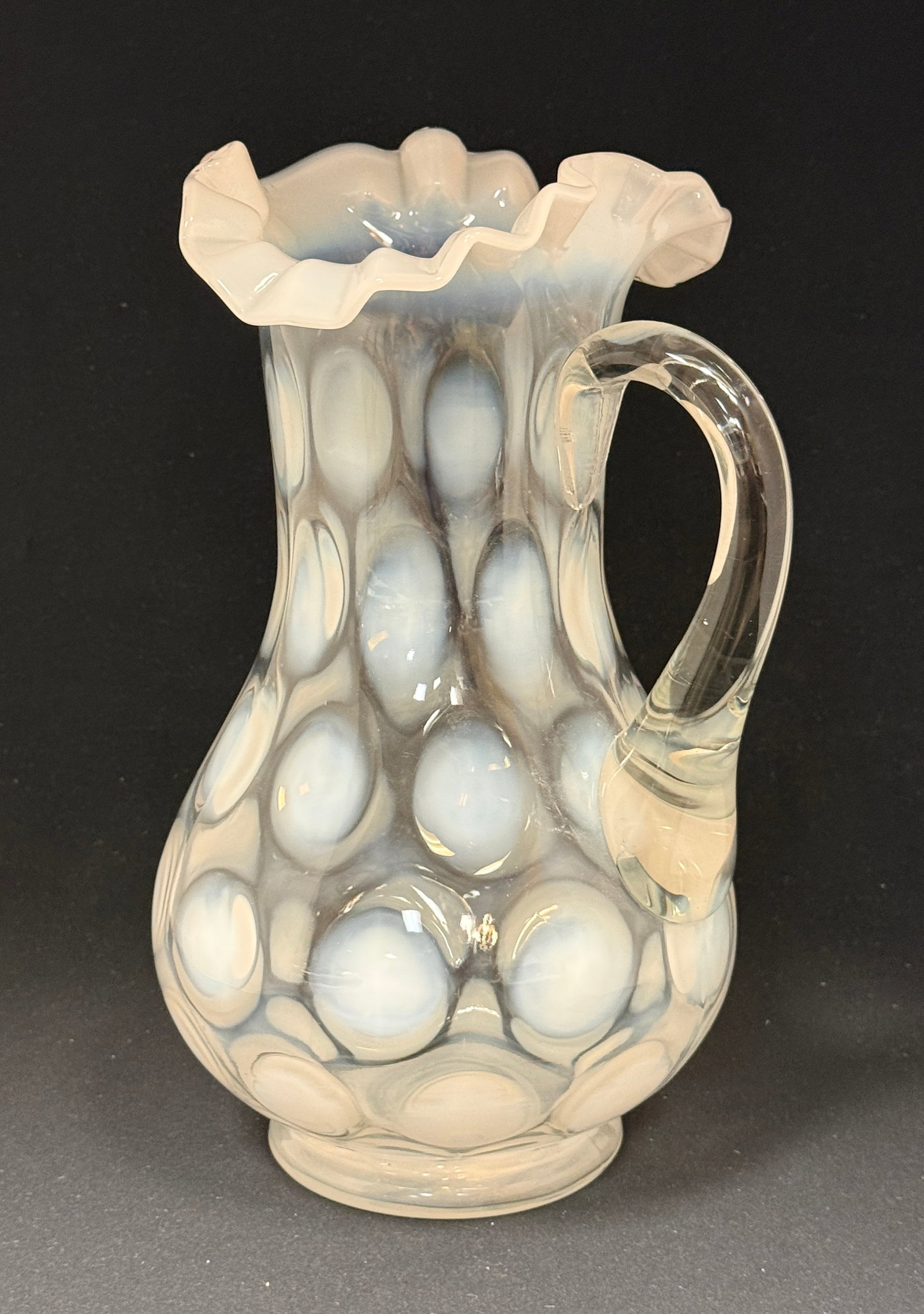Jefferson Opalescent Pitcher: Jefferson opalescent clear/white coin spot pitcher; ht. 10 3/4". CONDITION: no chips, cracks, repairs, or material defects found, Jaremos attempts to call any material flaw that affects the price,
