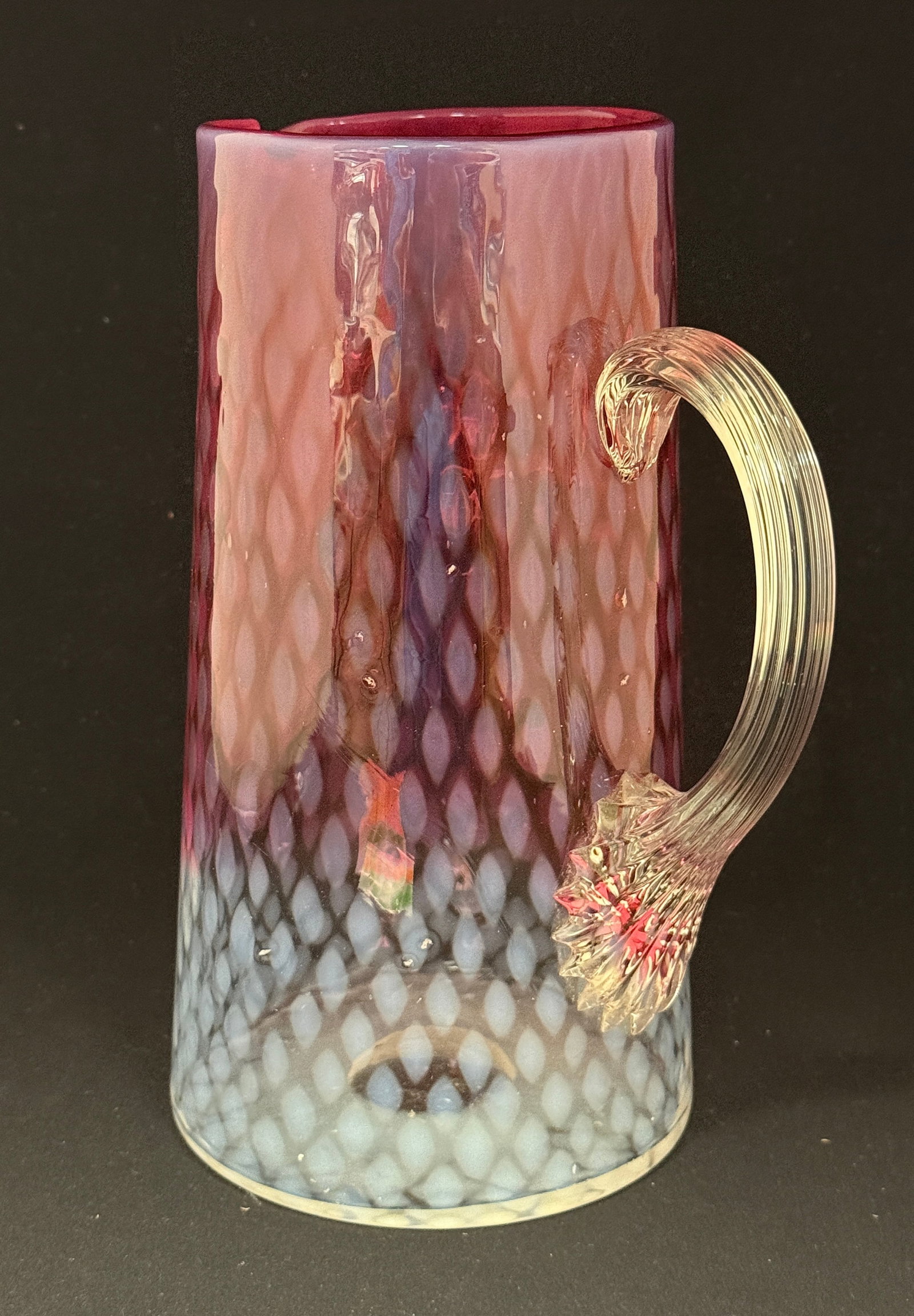 Rubina Opalescent Tankard: Rubina opalescent with diamond pattern tankard; ht. 8 3/4". CONDITION: no chips, cracks, repairs, or material defects found, Jaremos attempts to call any material flaw that affects the price, but