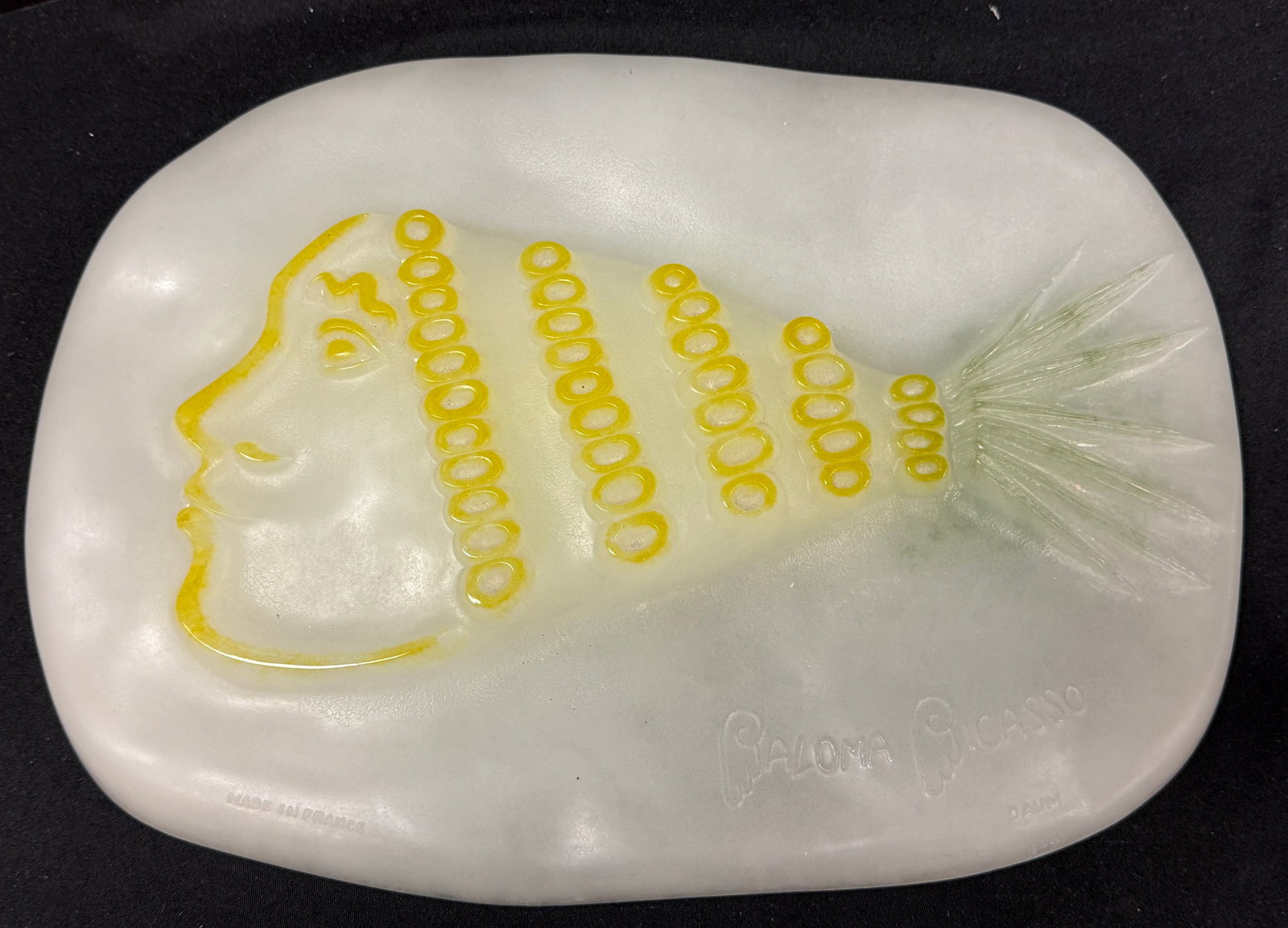 Daum Pate De Verre Sculpture: Daum Pate De Verre Art Glass Sculpture by Paloma Picasso titled "Pineapple Girl" signed Daum Made in France and Paloma Picasso, 17 1/2" long. CONDITION: no chips, cracks, repairs, or material defects 