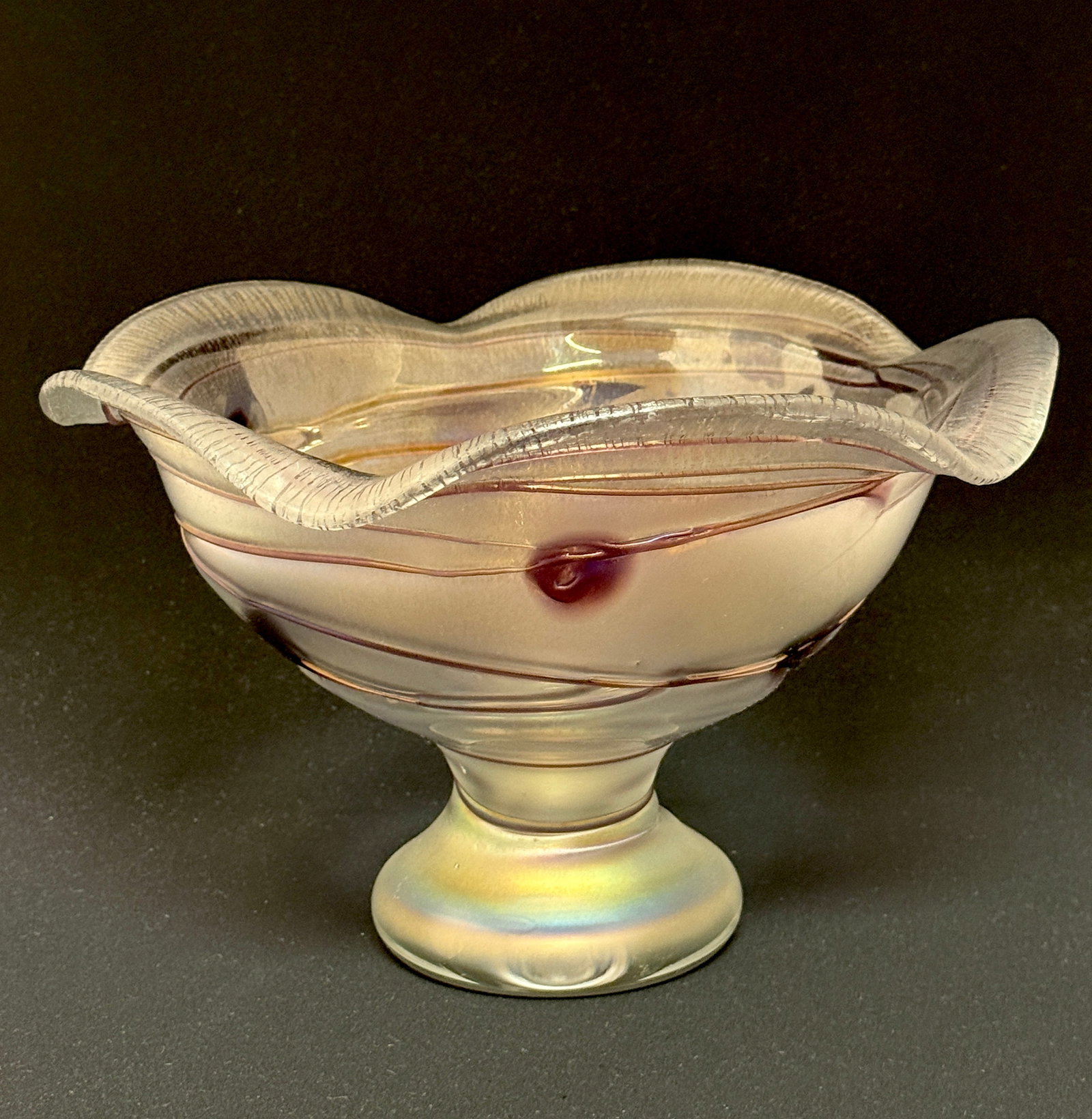 Poschinger Footed Compote: Poschinger frosted footed compote with purple thick threading and prunts; diameter 11". CONDITION: no chips, cracks, repairs, or material defects found, Jaremos attempts to call any material flaw