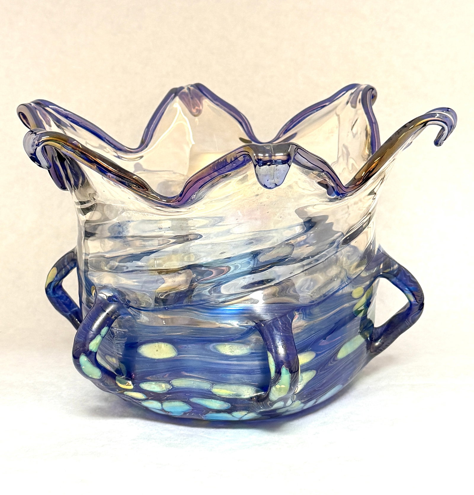 Rare Loetz New Cytisus Bowl: Rare Loetz New Cytisus bowl in translucent glass with crown top and 6 handles decorated with blue and gold oil spot pattern, diameter 11". CONDITION: no chips, cracks, repairs, or material defects