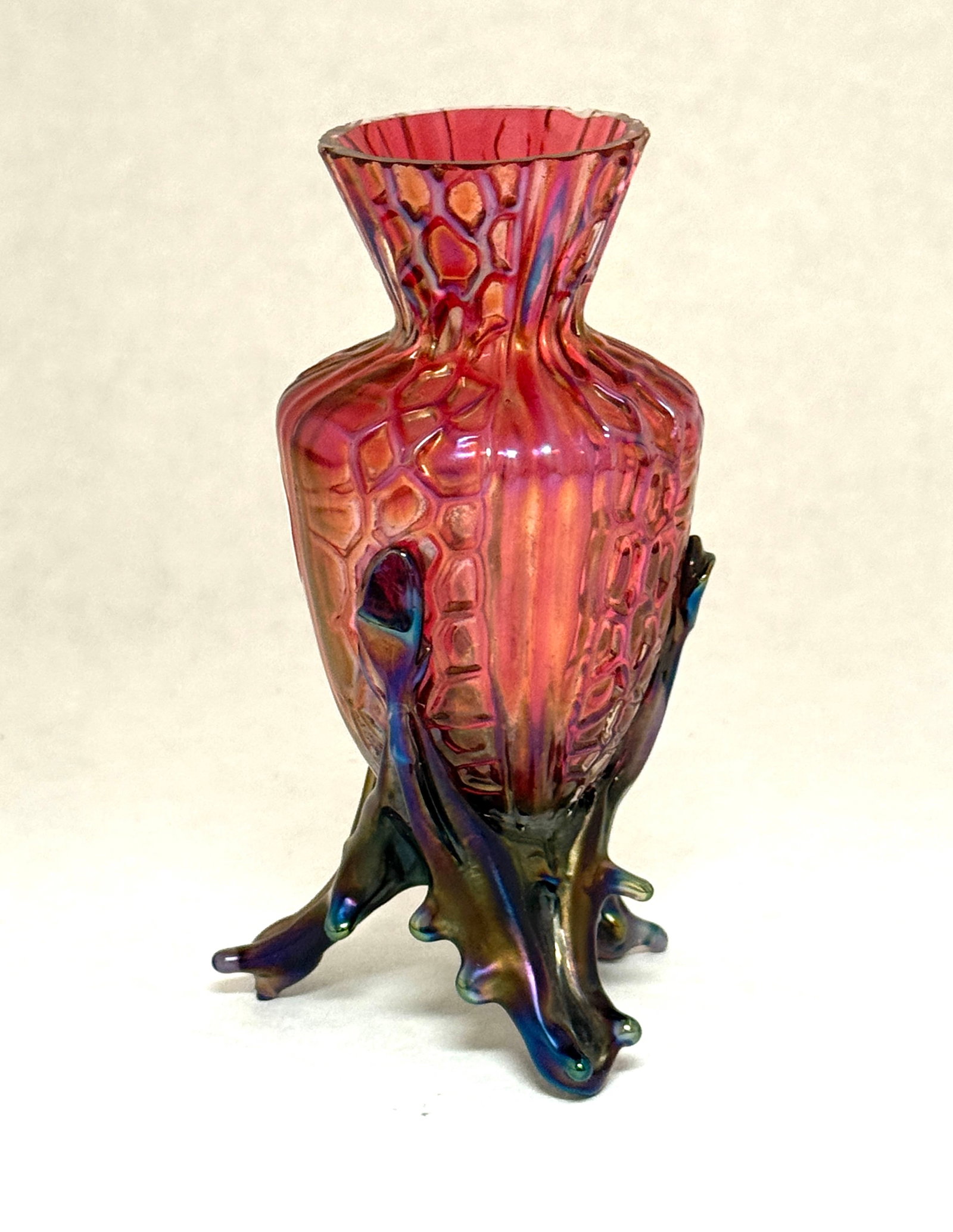 Kralik Cranberry Footed Vase: Small Kralik cranberry crackle vase on dark cranberry thorn foot, ht. 5 3/4". CONDITION: no chips, cracks, repairs, or material defects found, Jaremos attempts to call any material flaw that affects