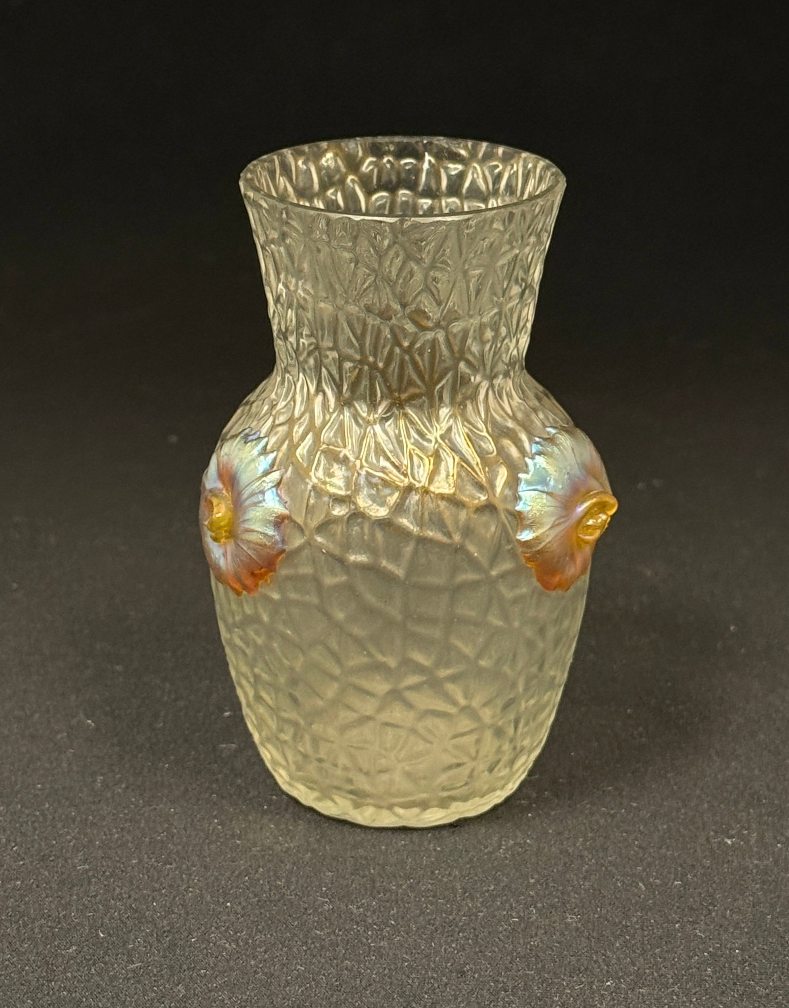 Loetz Nautilus Cabinet Vase: Loetz Nautilus gold iridescent cabinet vase with applied shells; ht. 3 1/2". CONDITION: no chips, cracks, repairs, or material defects found, Jaremos attempts to call any material flaw that affects