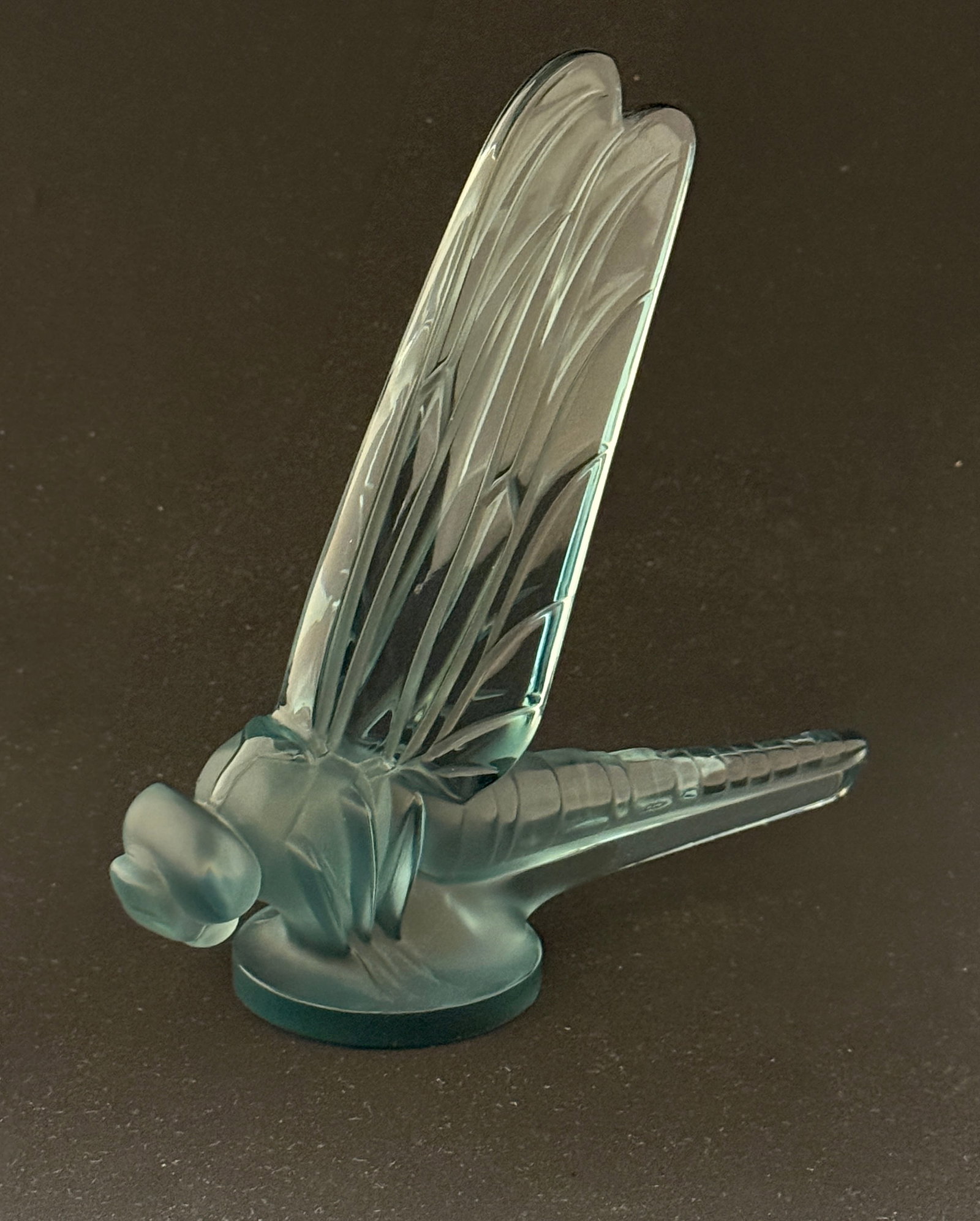 Lalique Grande Libellule Dragonfly: Lalique Grande Libellule Dragonfly car mascot in blue glass, signed Lalique France, 8" ht. CONDITION: no chips, cracks, repairs, or material defects found, Jaremos attempts to call any material flaw t