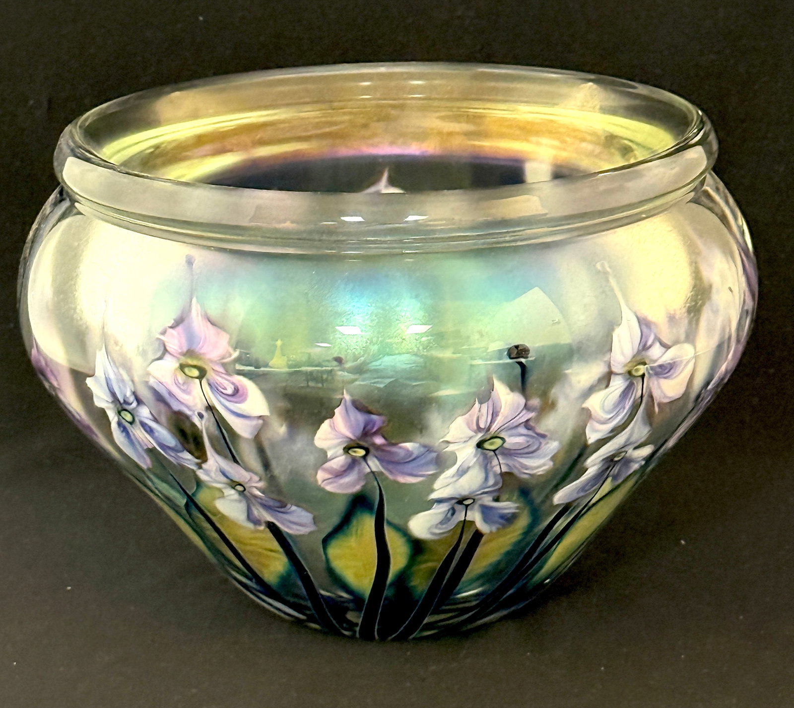 John Lotton Iris Paperweight Vase: John Lotton triple walled iris paperweight vase, signed John Lotton; diameter 9". CONDITION: no chips, cracks, repairs or material defects found, Jaremos attempts to call any material flaw that