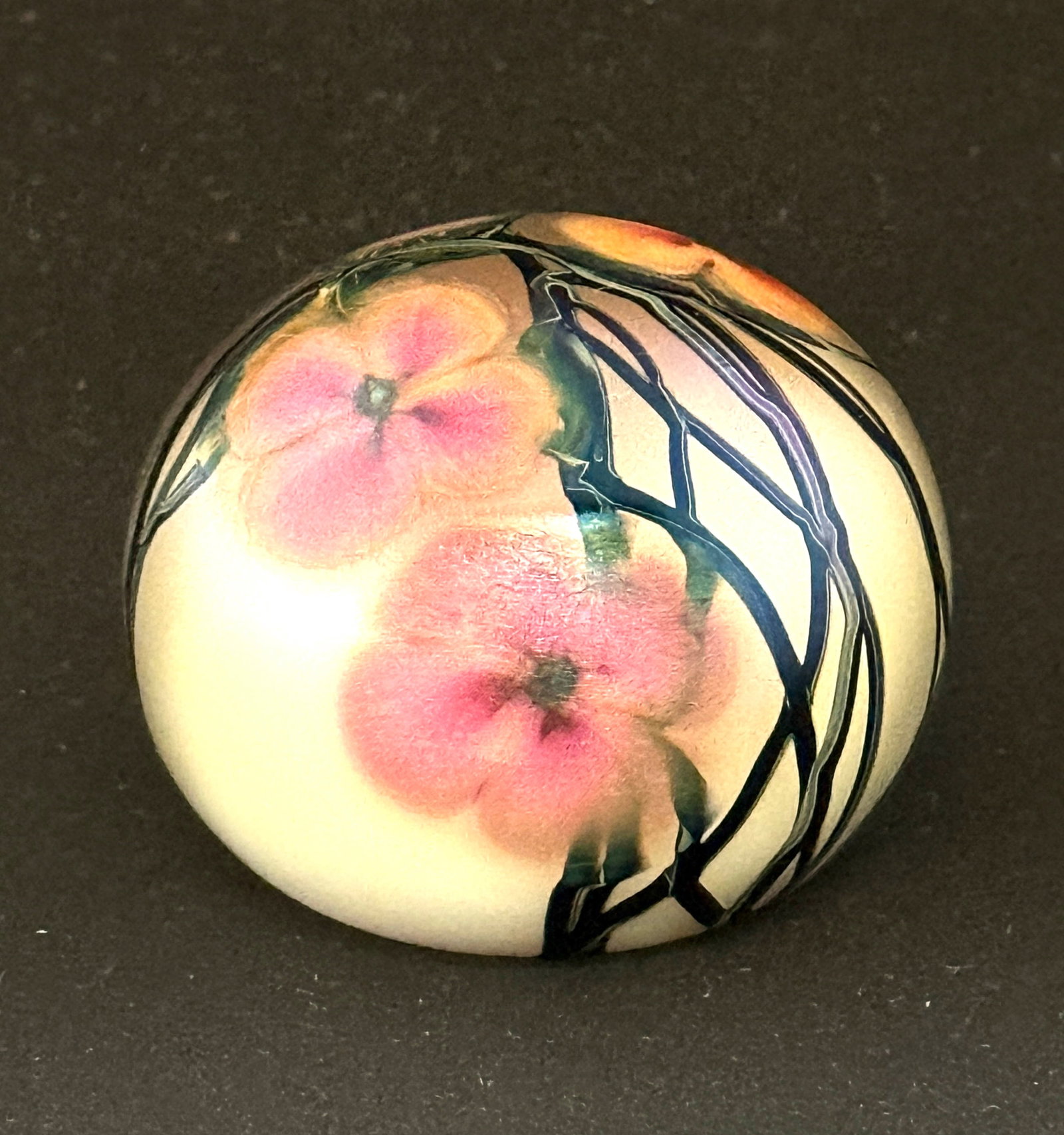 Jeremiah Lotton Paperweight: Jeremiah Lotton opal paperweight with pink multi flora, signed Jeremiah Lotton 2005, 3" wide. CONDITION: no chips, cracks, repairs, or material defects found, Jaremos attempts to call any material