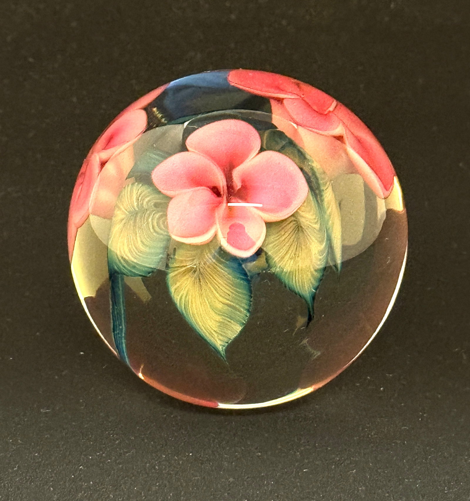 Lotton Multi flora Paperweight: Scott Bayless Lotton Studio translucent paperweight with pink flowers on blue leafy stems, signed Lotton Studios Scott Bayless 2008, 3 1/2" wide. CONDITION: no chips, cracks, repairs, or material