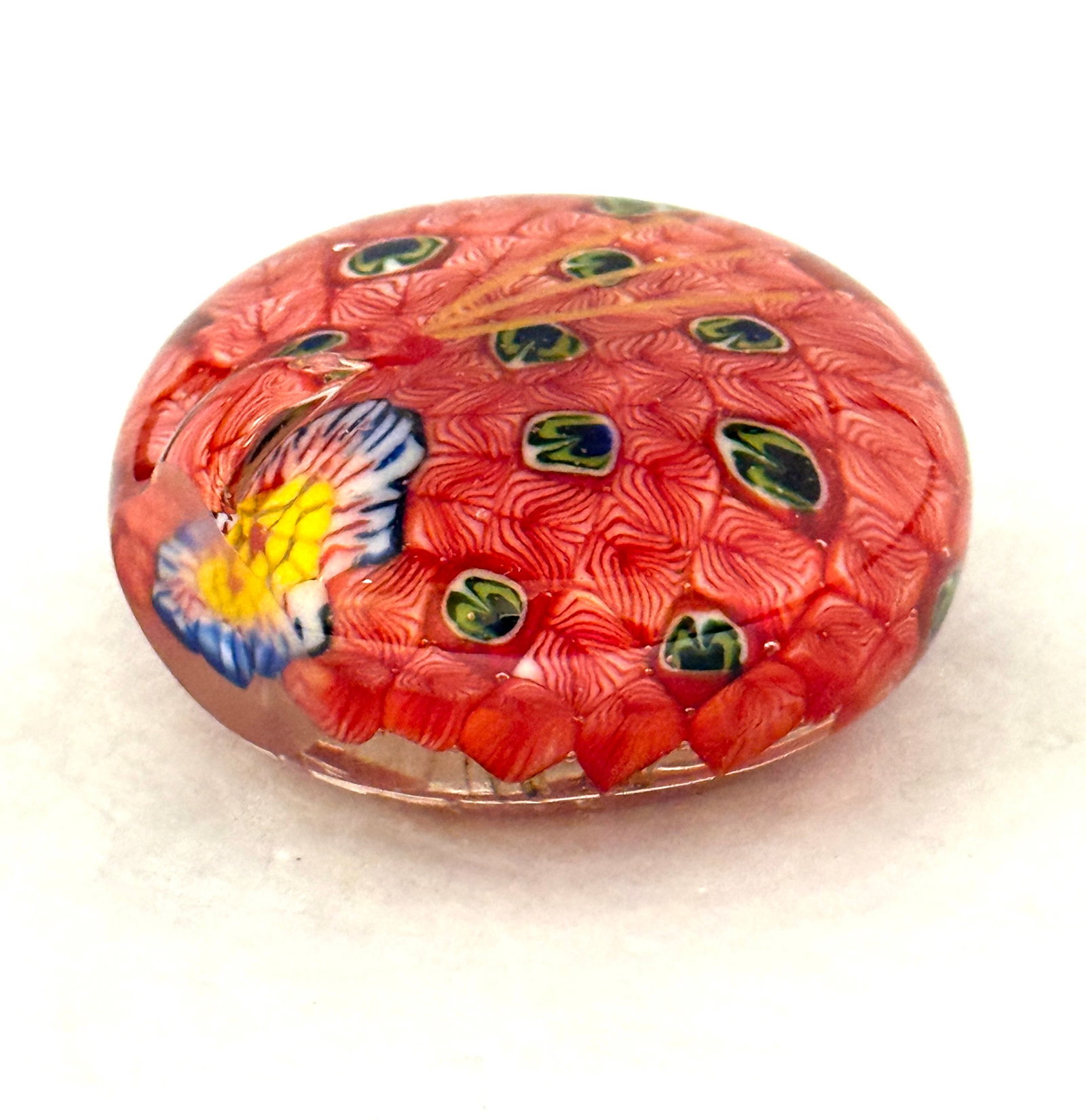 Unique Peacock Paperweight: Unique stand up paperweight in the figural form of a red Peacock, 3" ht. CONDITION: no chips, cracks, repairs, or material defects found, Jaremos attempts to call any material flaw that affects the