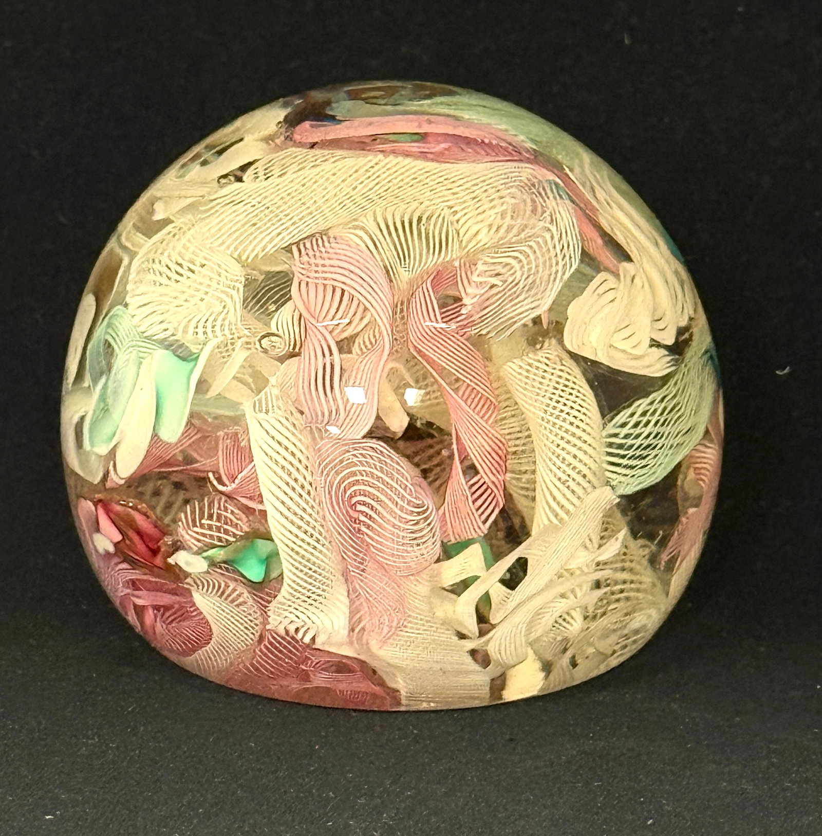 AVEM Paperweight: Arte Vetraria Muranese (AVEM) paperweight with white, pink, green, and blue interior design; diameter 3 1/4". CONDITION: no chips, cracks, repairs, or material defects found, Jaremos attempts to call 