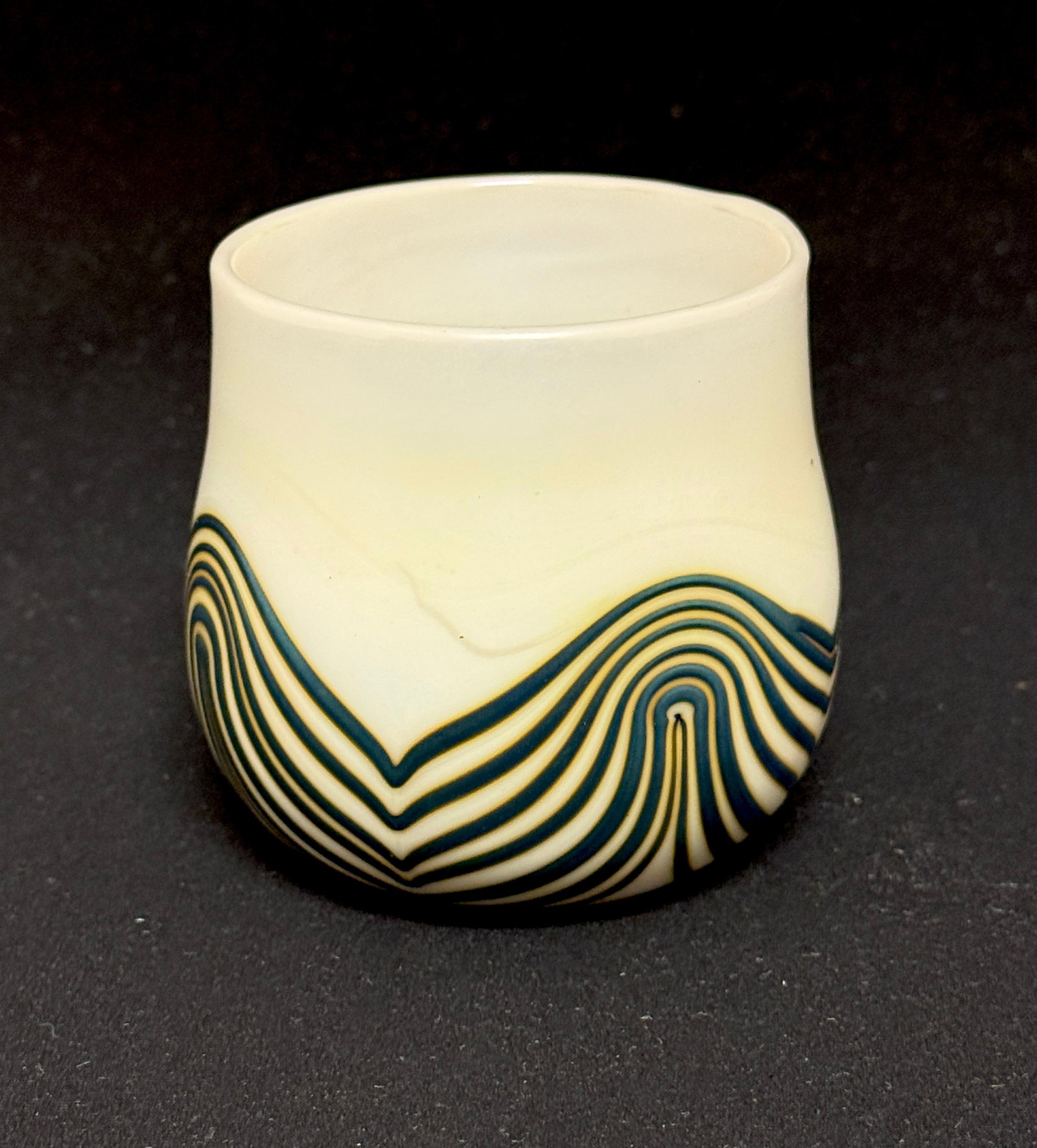 Charles Lotton Opal Glass Vase: Charles Lotton Opal glass vase decorated with a blue pulled feather, signed Lotton 1972, very early piece, 3" ht. CONDITION: no chips, cracks, repairs, or material defects found, Jaremos attempts to c