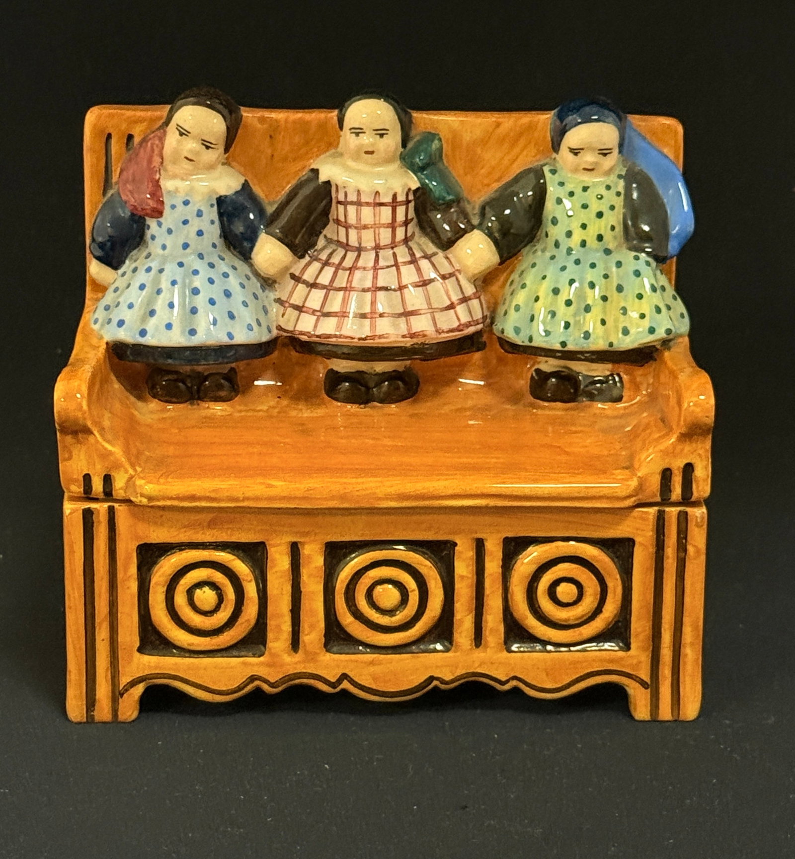 Andre Galland Lidded Box: Andre Galland HenRiot Quimper lidded box with 3 young girls, signed AG; ht. 5 1/4" circa 1925-1950. CONDITION: Chip on bottom edge of lid. Quimper has propensity to have minor chips, glaze loss/wear a