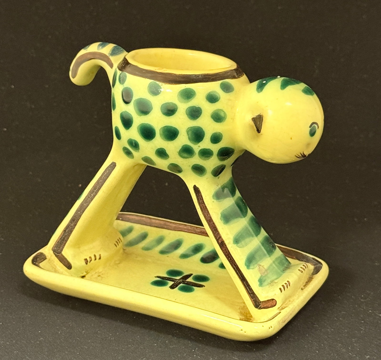 PV France Cat: PV France cat commissioned piece from Quimper yellow, green, and magenta; ht. 4 1/4" circa1920-1950. CONDITION: Quimper has propensity to have minor chips, glaze loss/wear and crazing. Jaremos