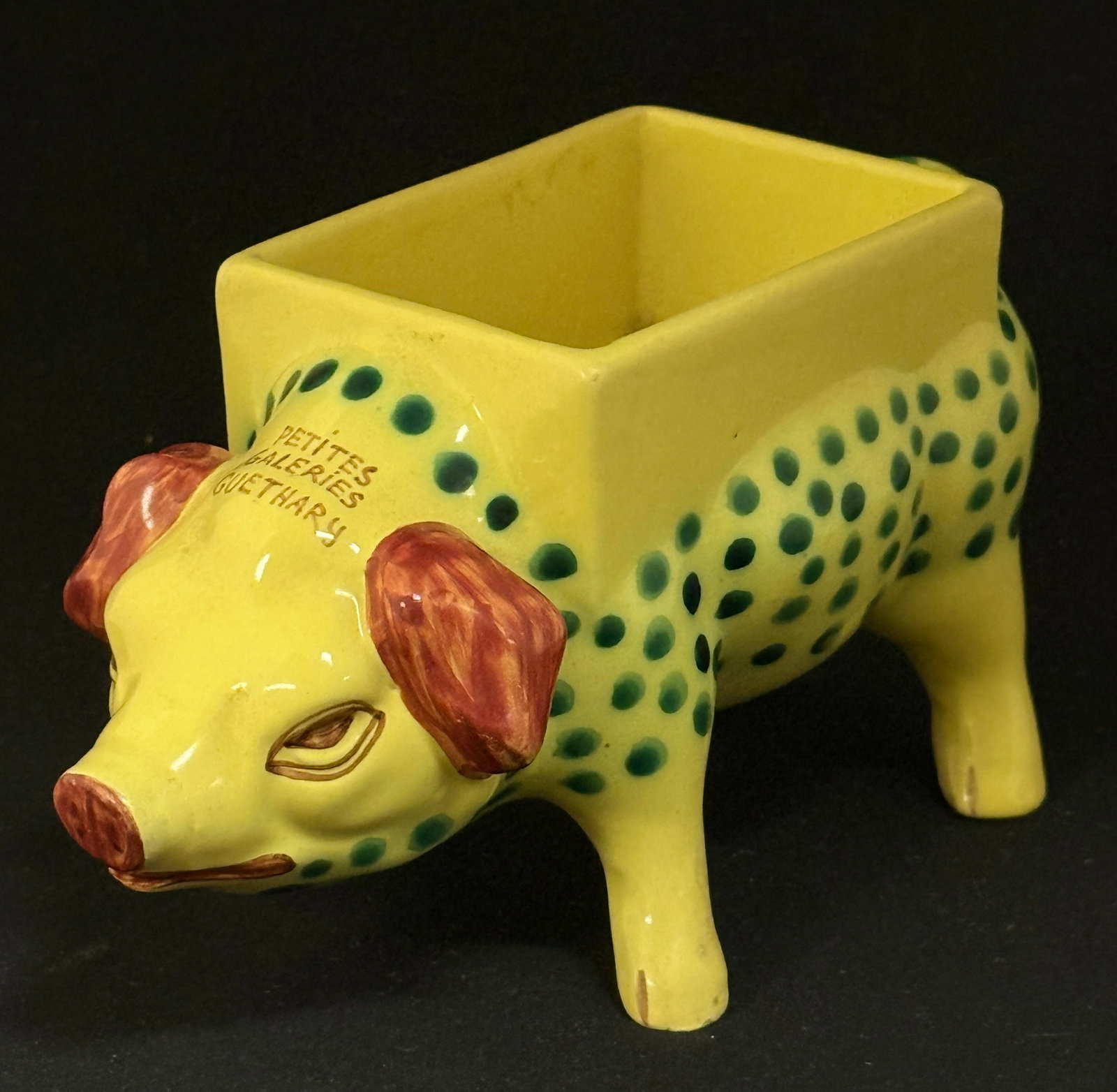 HB Quimper Polka Dot Pig: Unmarked HB Quimper polka dot pig, Basque for Petites Galeries Guethary in France; ht. 3 3/4" circa 1920-1950. CONDITION: Quimper has propensity to have minor chips, glaze loss/wear and crazing.