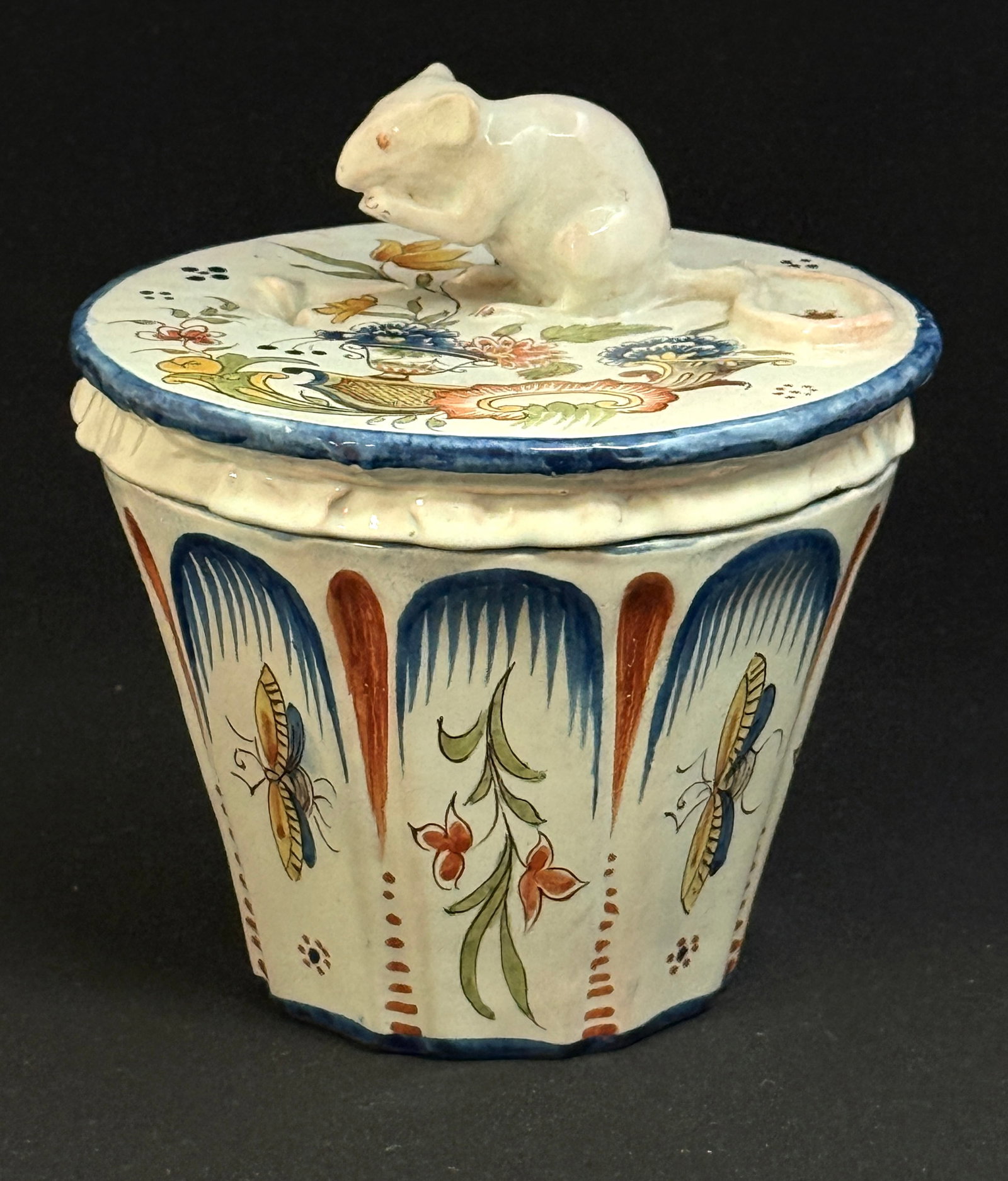 Alcide Chaumeil Lidded Jar: Alcide Chaumeil lidded jar with mouse finial and Rouen style d?cor; ht. 5". Circa 1880-1919. CONDITION: Quimper has propensity to have minor chips, glaze loss/wear and crazing. Jaremos attempts to