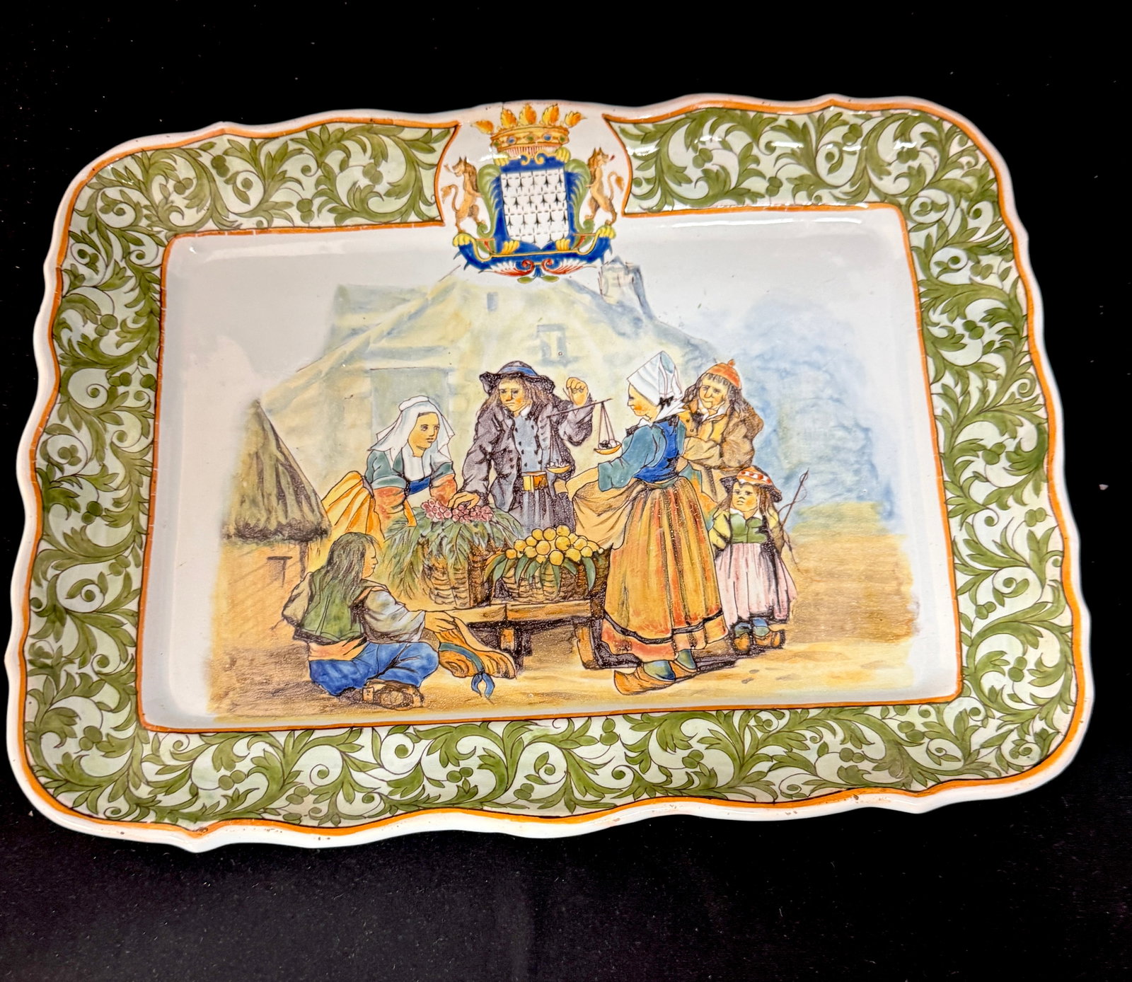 Porquier Beau Rectangular Platter: Porquier Beau rectangular platter Blason of Brittany, d?cor riche border and market scene in Ploneis. LITERATURE: Tome II page 474 Planche No 215; diameter 15" circa 1875-1904. CONDITION: Quimper has