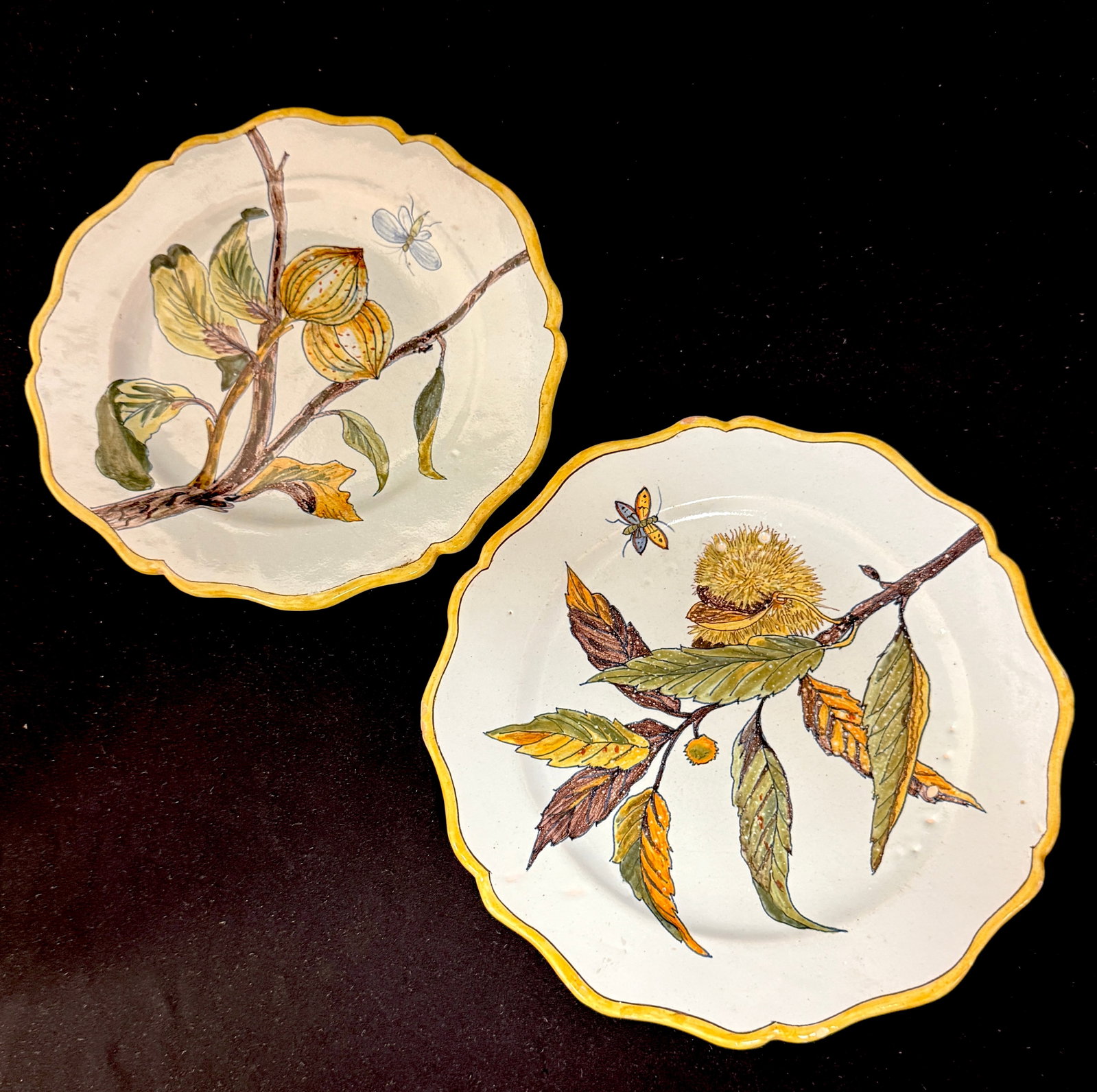2 Porquier Beau Botanical Plates: 2 Porquier Beau botanical plates 1) chestnut/chataignes with an insect 2) figs/figues and insect. LITERATURE: Tome II page 302 D?cor No 42; largest diameter 9 1/4" circa 1880. CONDITION: Quimper has