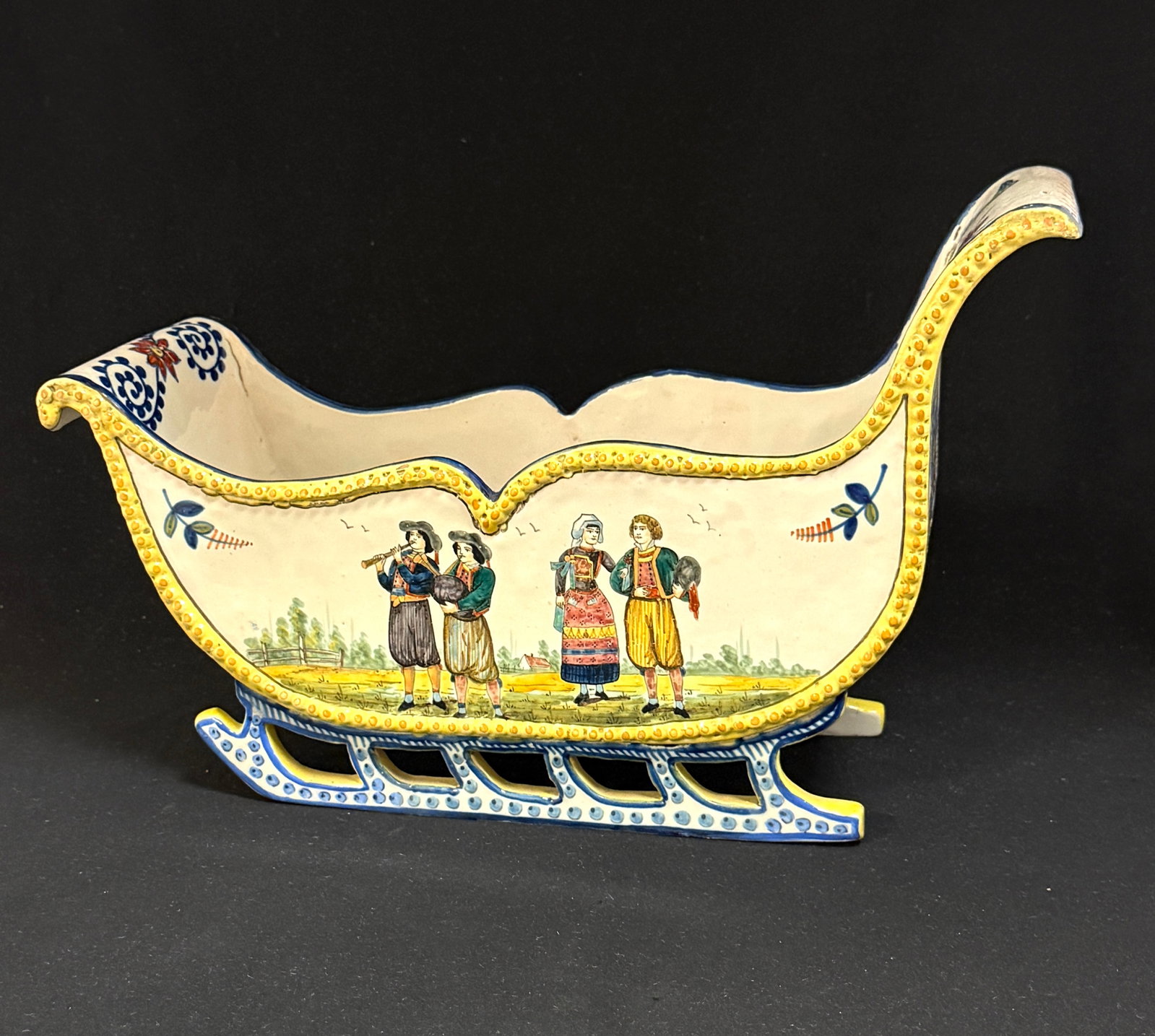 Rare HB Sleigh: Rare HB sleigh with scenes of a newly wed couple following two musicians, a scene of two fishermen resting seaside with lighthouse and tall ship in background also has unusual bird, insect, floral