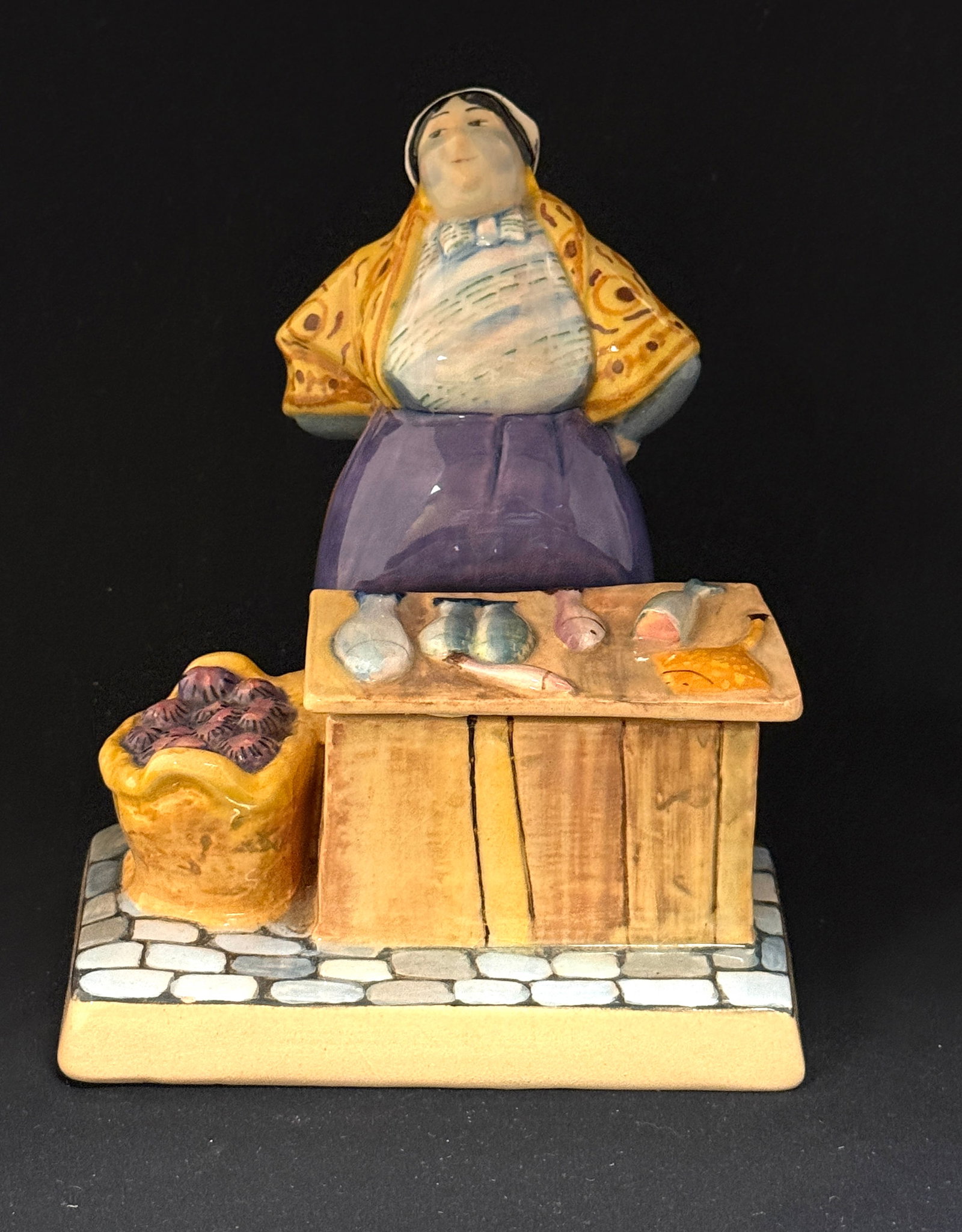 Rare Galland Poissonniere Figural Box: Rare Andre Galland HenRiot Quimper Poissonniere Bretonne figural lidded box; ht. 7 1/2" circa 1930-1940. CONDITION: Quimper has propensity to have minor chips, glaze loss/wear and crazing. Jaremos