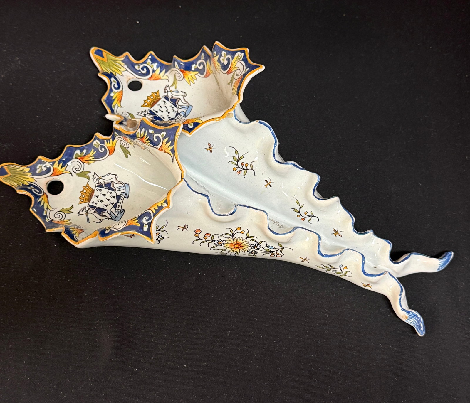 Verlingue Boulogne Wall Pocket: Verlingue Boulogne faience double cornet wall pocket with Roven d?cor and Blasons of Brittany, pierced for hanging; length 13 1/4" circa 1903-1920. CONDITION: Quimper has propensity to have minor