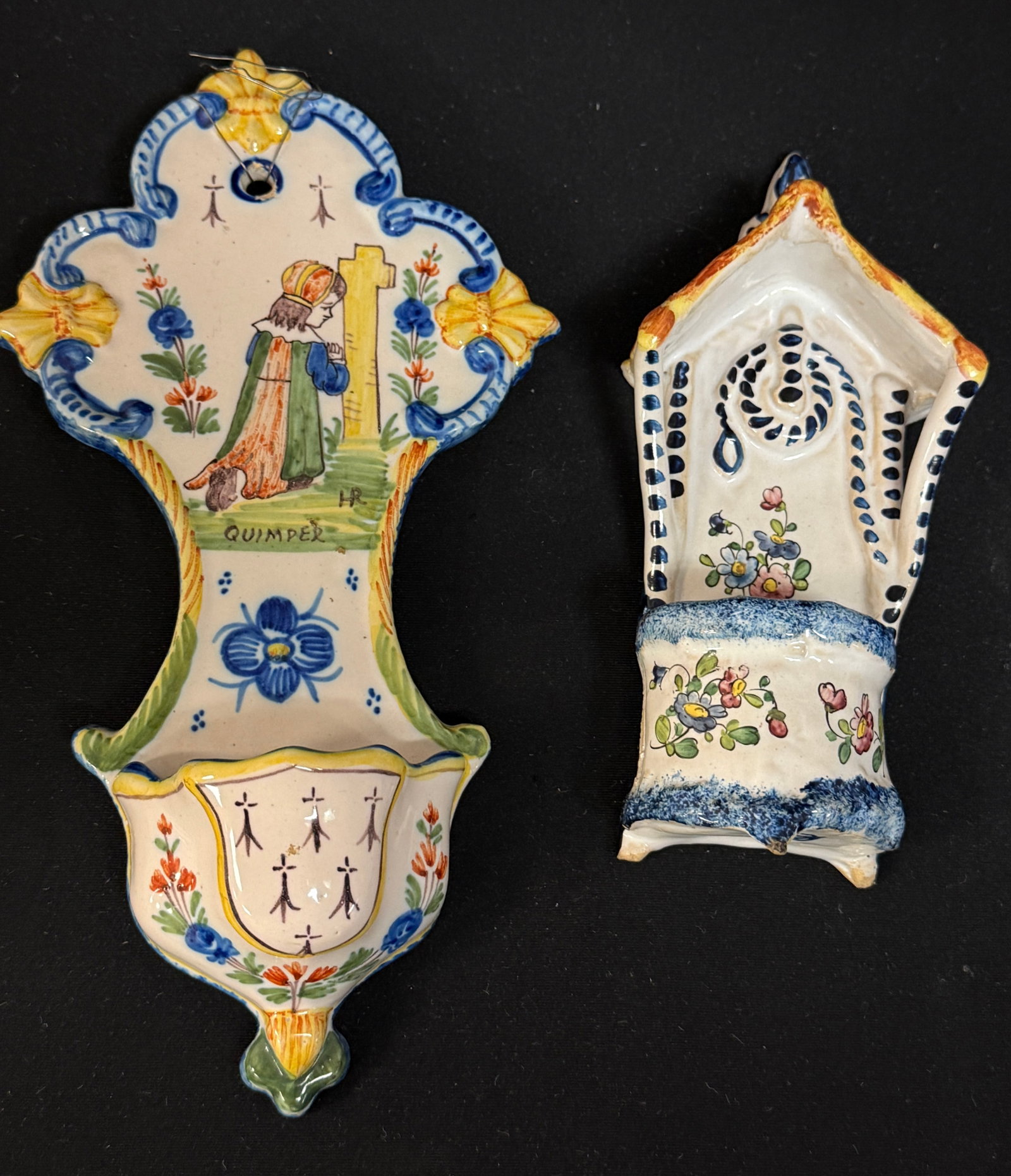 2 French Faience Benetiers: 2 French faience benetiers including an HR Quimper adorned with Fleur de Lis, ermine tails, floral sprays and a young Bretonne girl kneeling in prayer at a cross, the other Alfred Renoleau well form