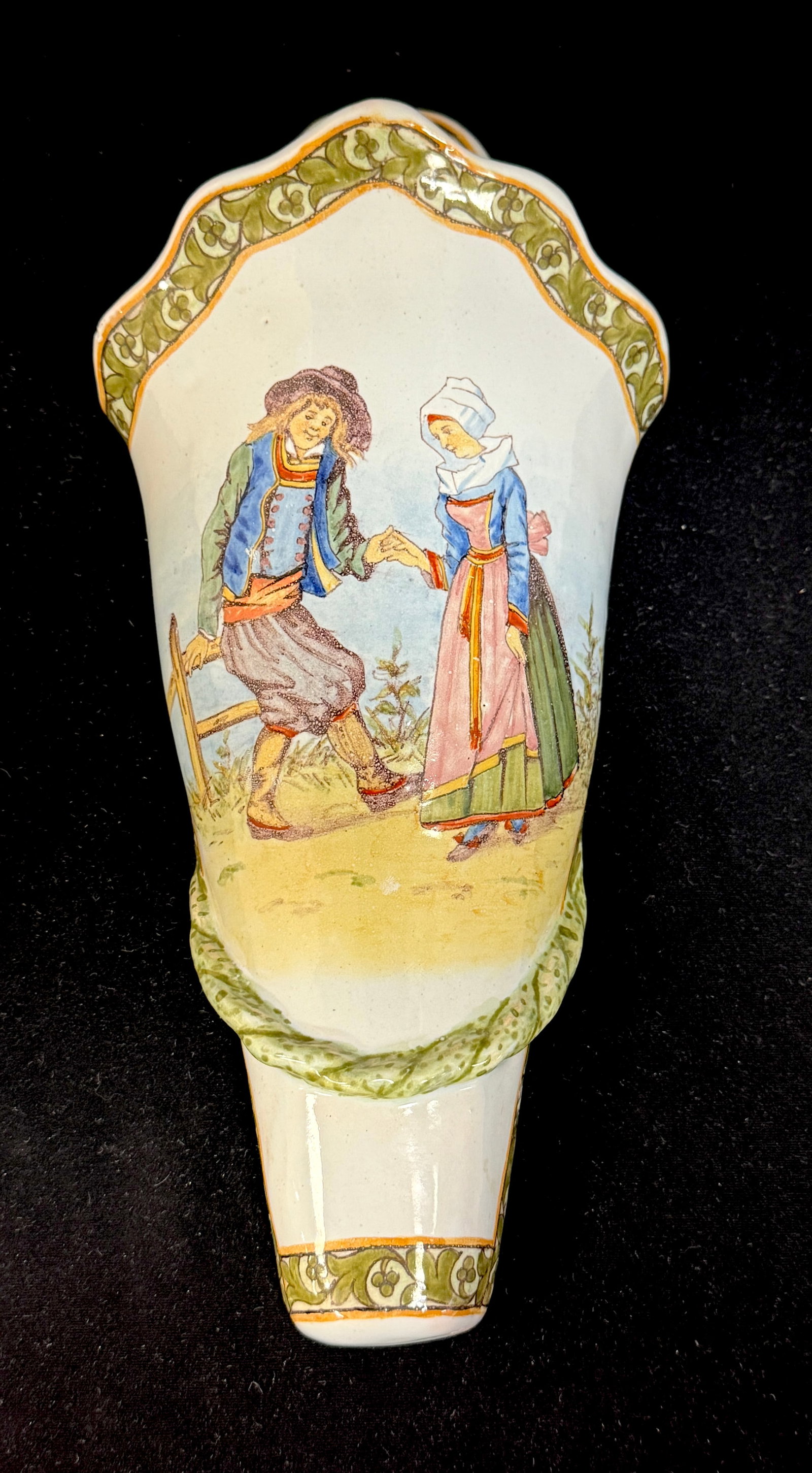 Porquier Beau Cornet Wall Pocket: Porquier Beau cornet wall pocket with d?cor riche borders and a country scene of a Breton couple dancing; ht. 12" circa 1875-1905. LITERATURE: Tome II page 462 Planche No 155 "Danse Chatcaulin".