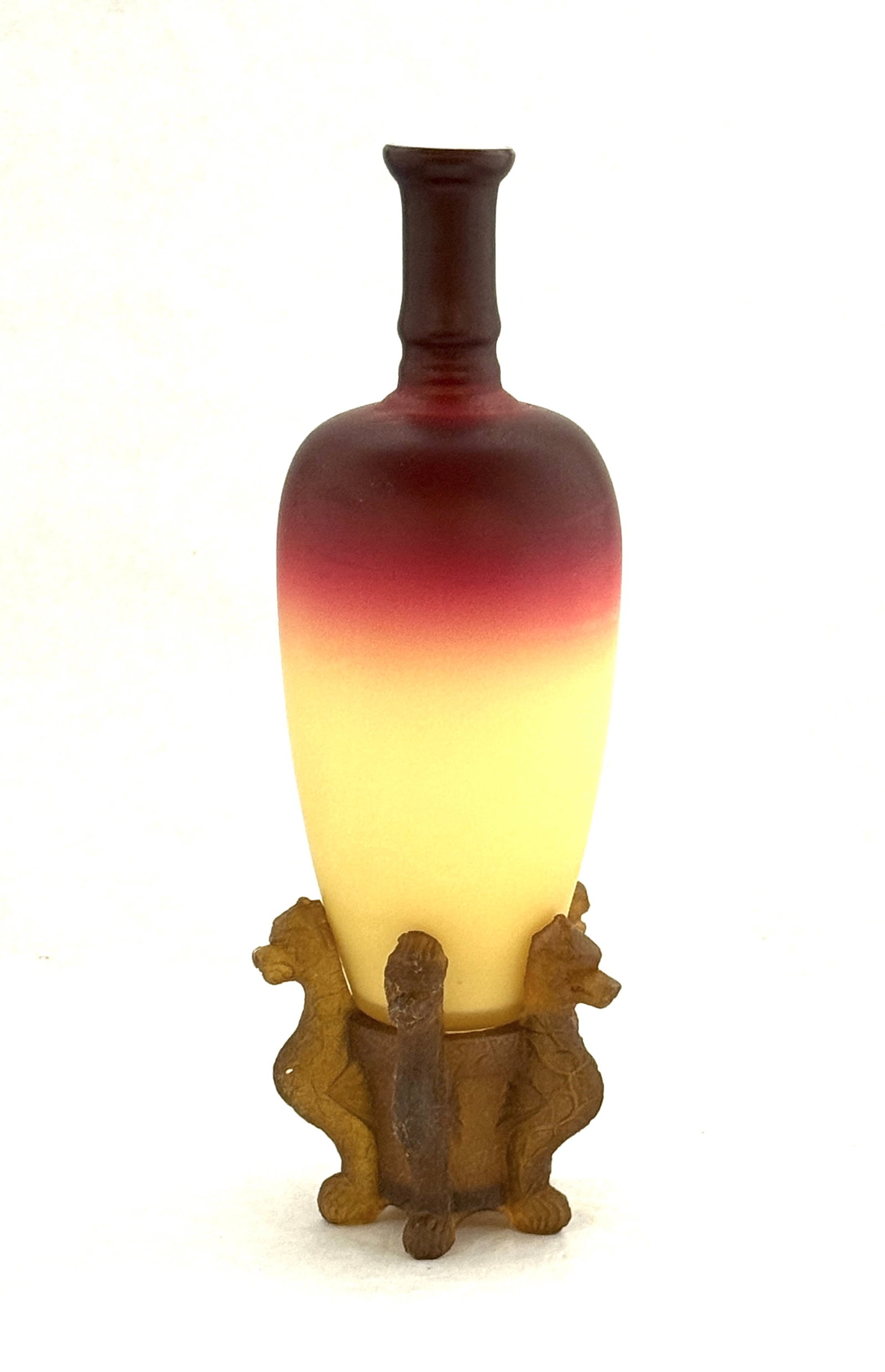 Wheeling Lustreless Morgan Vase: Wheeling Lustreless Morgan vase set on a resin griffin base; ht. on base 10 1/4". LITERATURE: Hobbs, Brockunier & Co Glass by Neila and Tom Bredeholt, page 80. CONDITION: no chips, cracks, repairs or