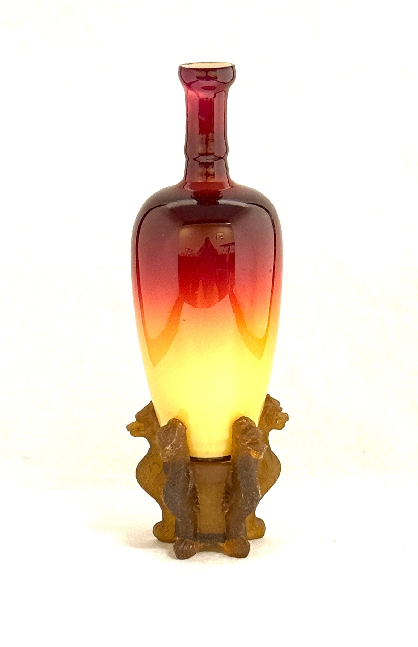 Wheeling Coral Morgan Vase: Wheeling Coral Morgan vase set on a resin griffin base; ht. on base 10 1/4". LITERATURE: Hobbs, Brockunier & Co Glass by Neila and Tom Bredeholt, page 80. CONDITION: no chips, cracks, repairs or mater