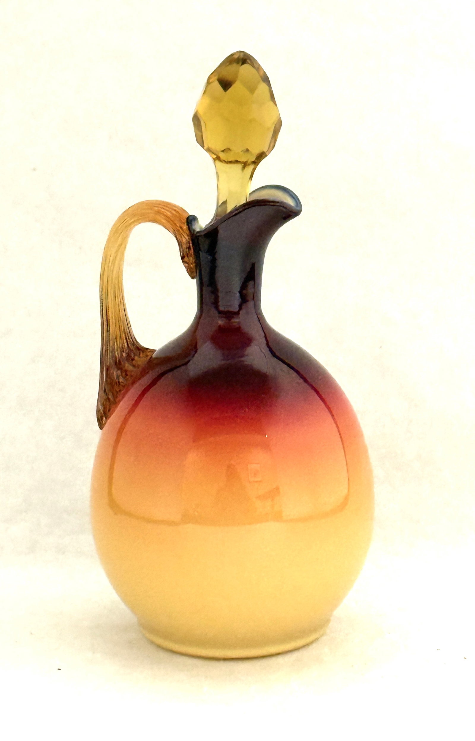 Wheeling Coral Peach Blow Cruet: Small Wheeling Coral Peach Blow cruet with faceted stopper; ht. 7 3/4" with stopper. LITERATURE: Hobbs, Brockunier & Co Glass by Neila and Tom Bredeholt, page 82. CONDITION: no chips, cracks, repairs 