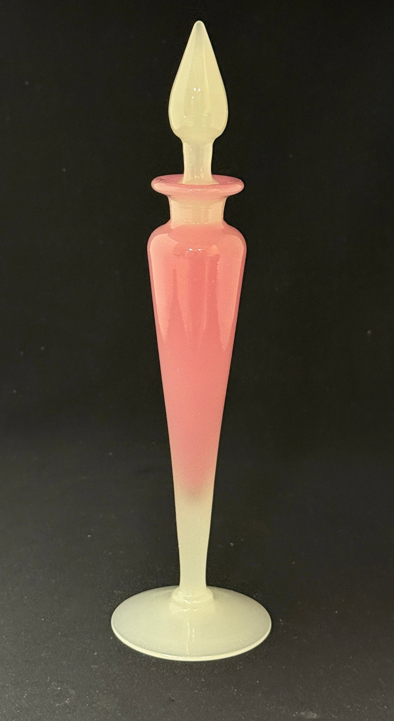 Steuben Rosaline Perfume: Large Steuben, shape 1414, elongated Rosaline perfume signed with a Fleur de Lis 10 1/4" ht. CONDITION: no chips, cracks, repairs, or material defects found, Jaremos attempts to call any material