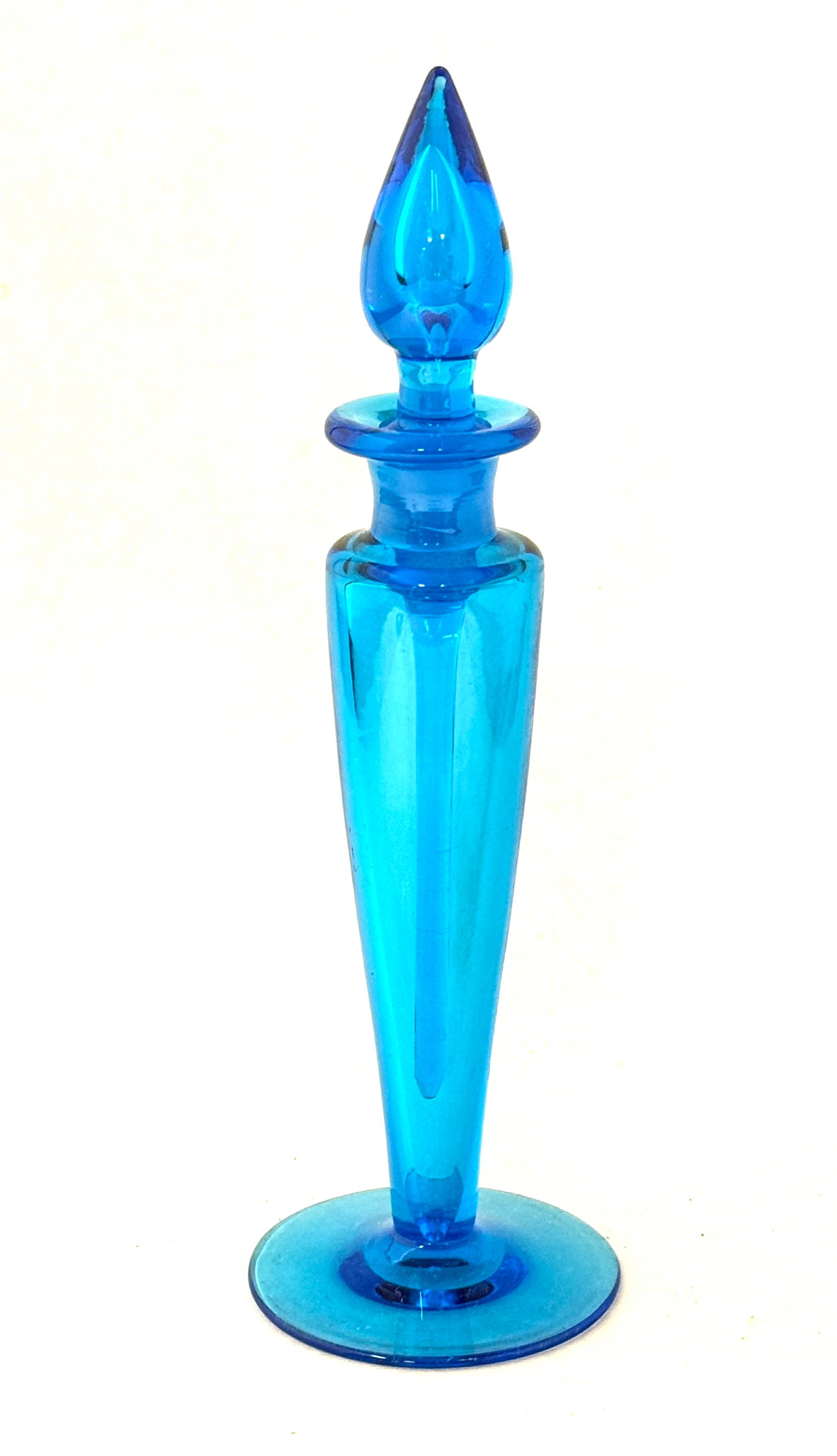 Steuben Celeste Blue Perfume: Steuben 1414 Celeste Blue Perfume bottle, 8" ht. CONDITION: no chips, cracks, repairs, or material defects found, Jaremos attempts to call any material flaw that affects the price, but minor