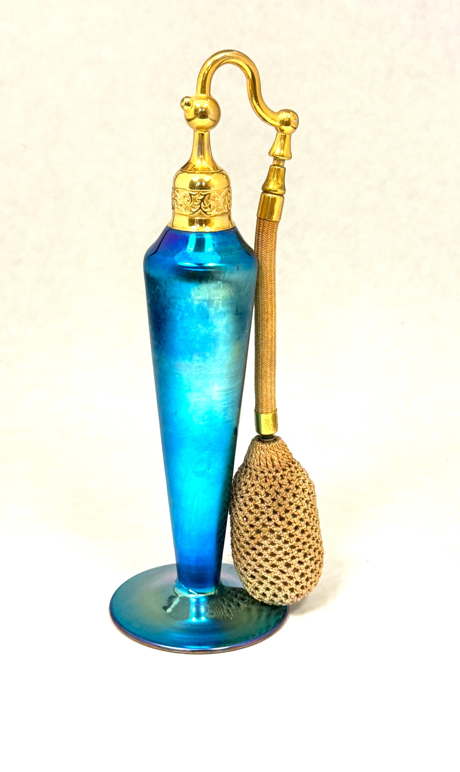 Steuben Blue Aurene Atomizer: Steuben Blue Aurene atomizer, 7 1/2" ht. CONDITION: no chips, cracks, repairs, or material defects found, Jaremos attempts to call any material flaw that affects the price, but minor scratches and