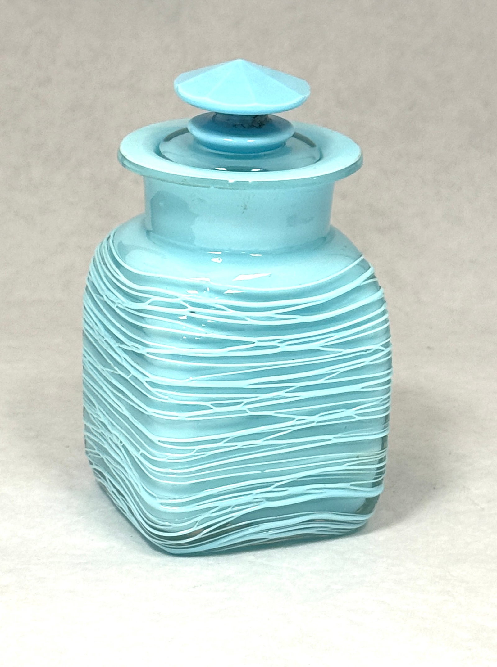 Rare Light Blue Jade Bath Bottle: Rare light blue jade bath bottle with overall threading and a faceted stopper, 5" ht. CONDITION: no chips, cracks, repairs, or material defects found, Jaremos attempts to call any material flaw that