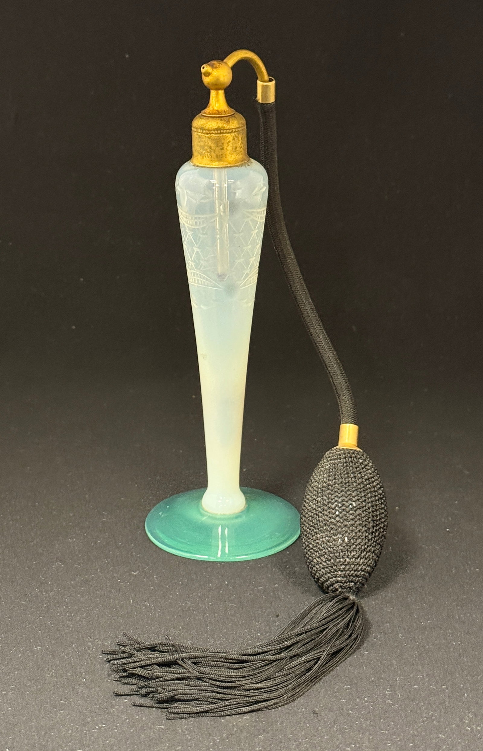 Fry Art Glass perfume: Fry green footed opalescent glass perfume with an etched design, 7 1/2" ht. CONDITION: no chips, cracks, repairs, or material defects found, Jaremos attempts to call any material flaw that affects the