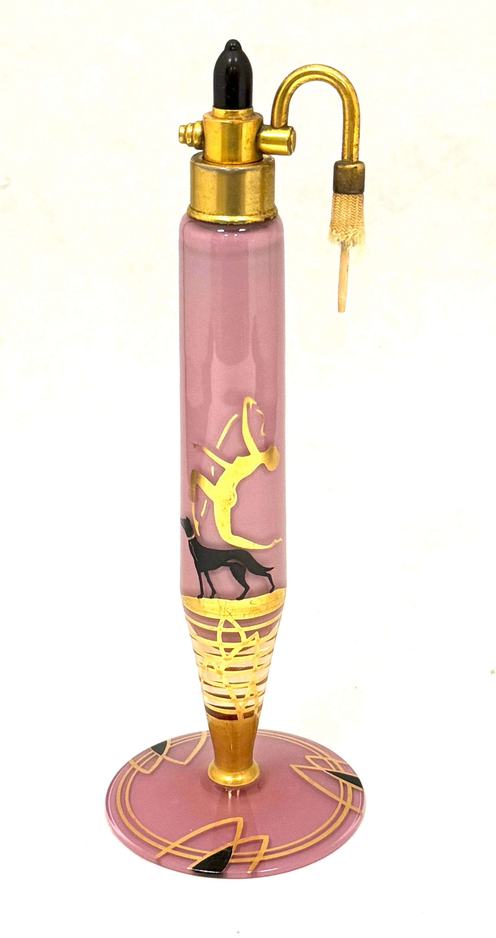 DeVilbiss Elegant Purple Perfume: DeVilbiss purple Elegant Line perfume atomizer decorated with an Art Deco lady and dog, 7 1/2" ht. CONDITION: no chips, cracks, repairs, or material defects found, Jaremos attempts to call any