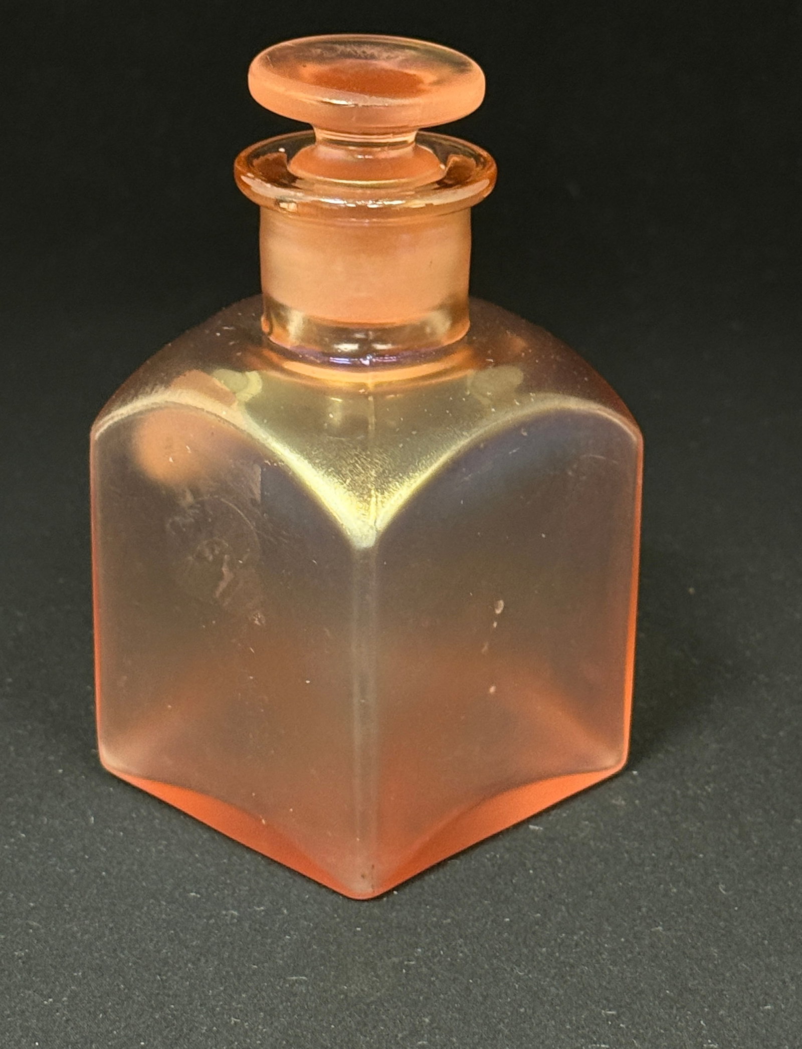Fenton Velea Cologne: Fenton Velea "Rose" rectangular Cologne bottle with matching stopper, 5" ht. CONDITION: no chips, cracks, repairs, or material defects found, Jaremos attempts to call any material flaw that affects